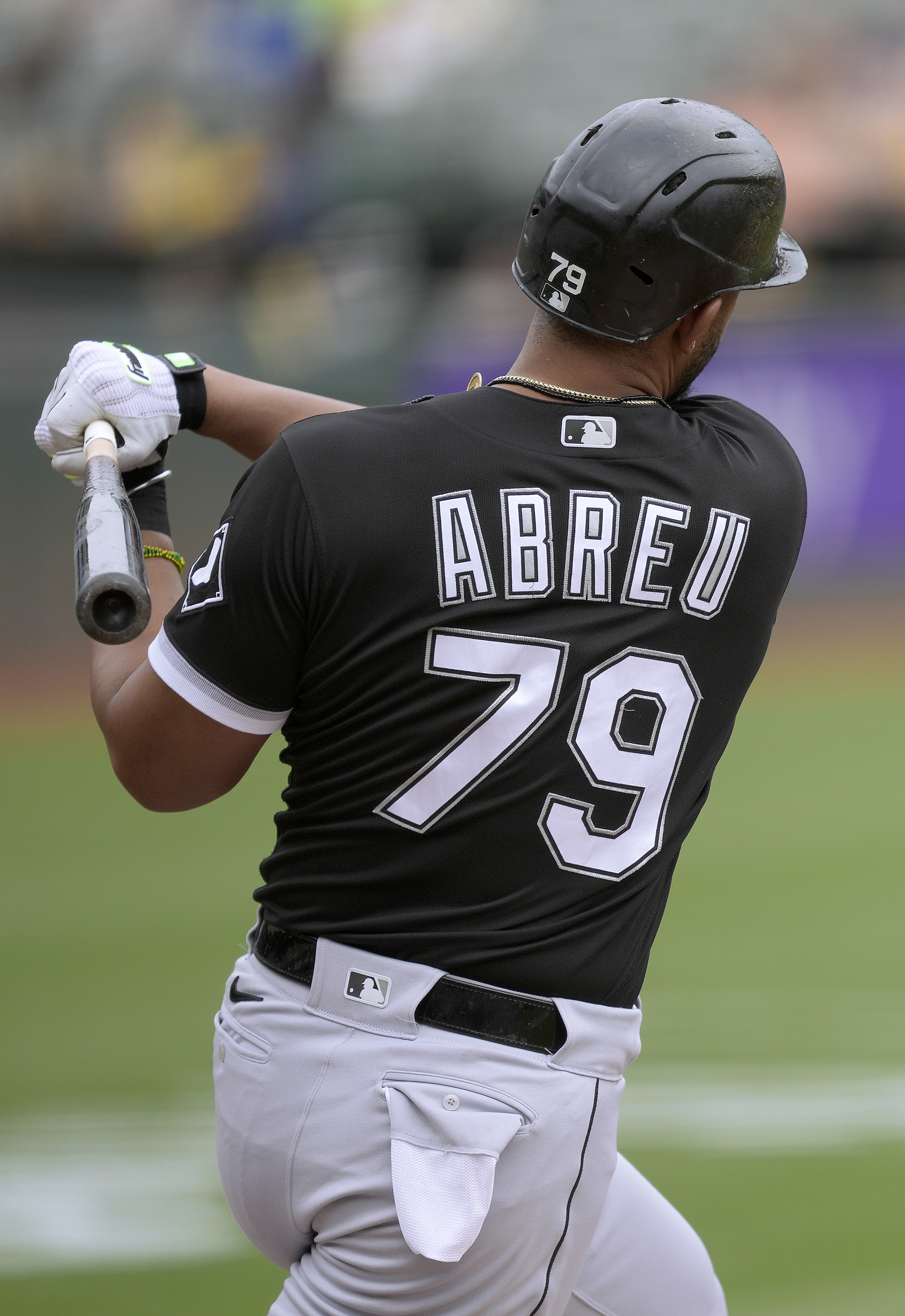 Jose Abreu #79 of the Chicago White Sox bats against the Oakland Athletics in the top of the first inning at RingCentral Coliseum on September 10, 2022 in Oakland, California.
