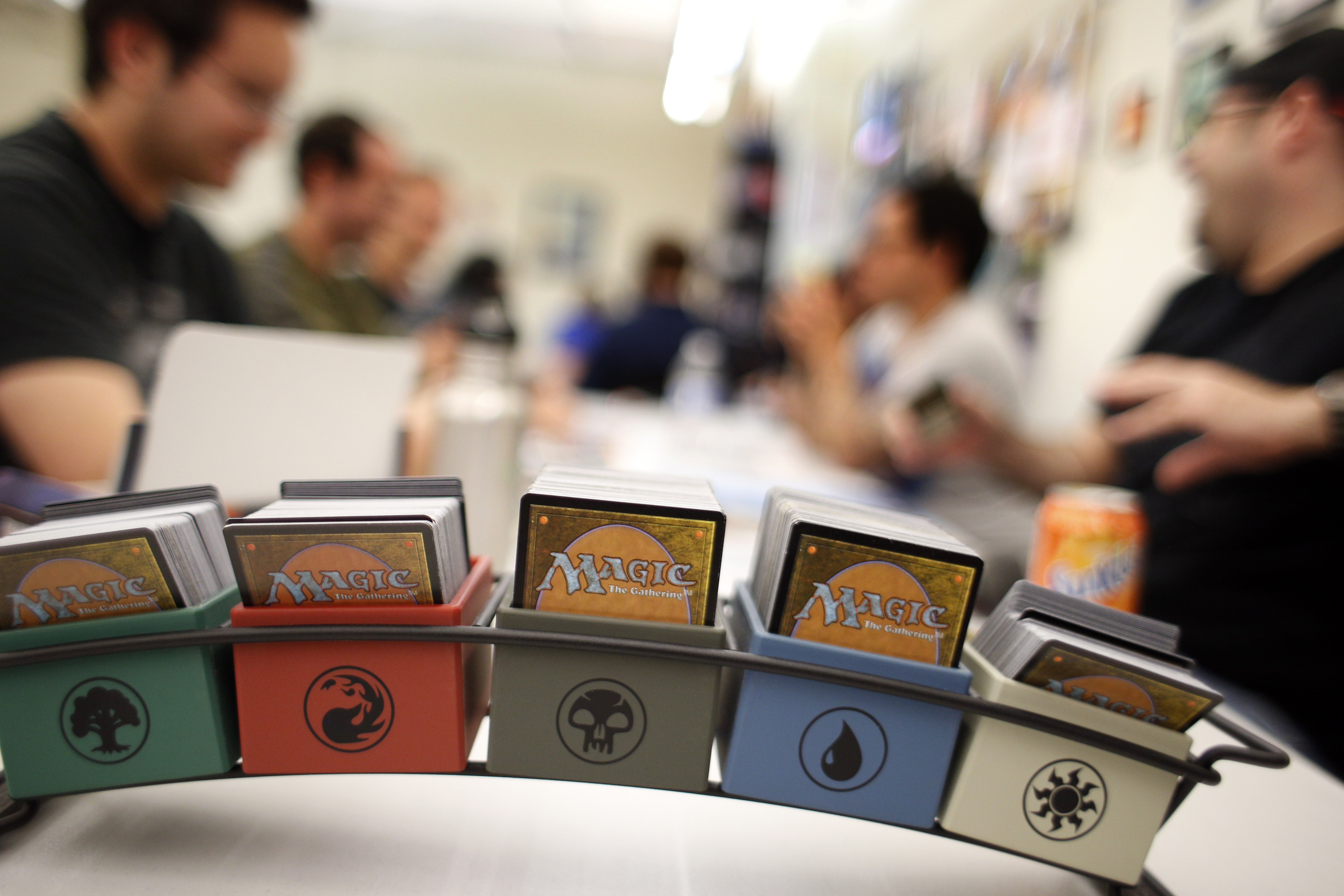 A tray with Magic the Gathering cards on the table during a game at Endgame in Oakland, Calif., on Thursday, April 17, 2014. Endgame, which opened at its current location 10 years ago, sells only board and miniature games and thrives despite not offering