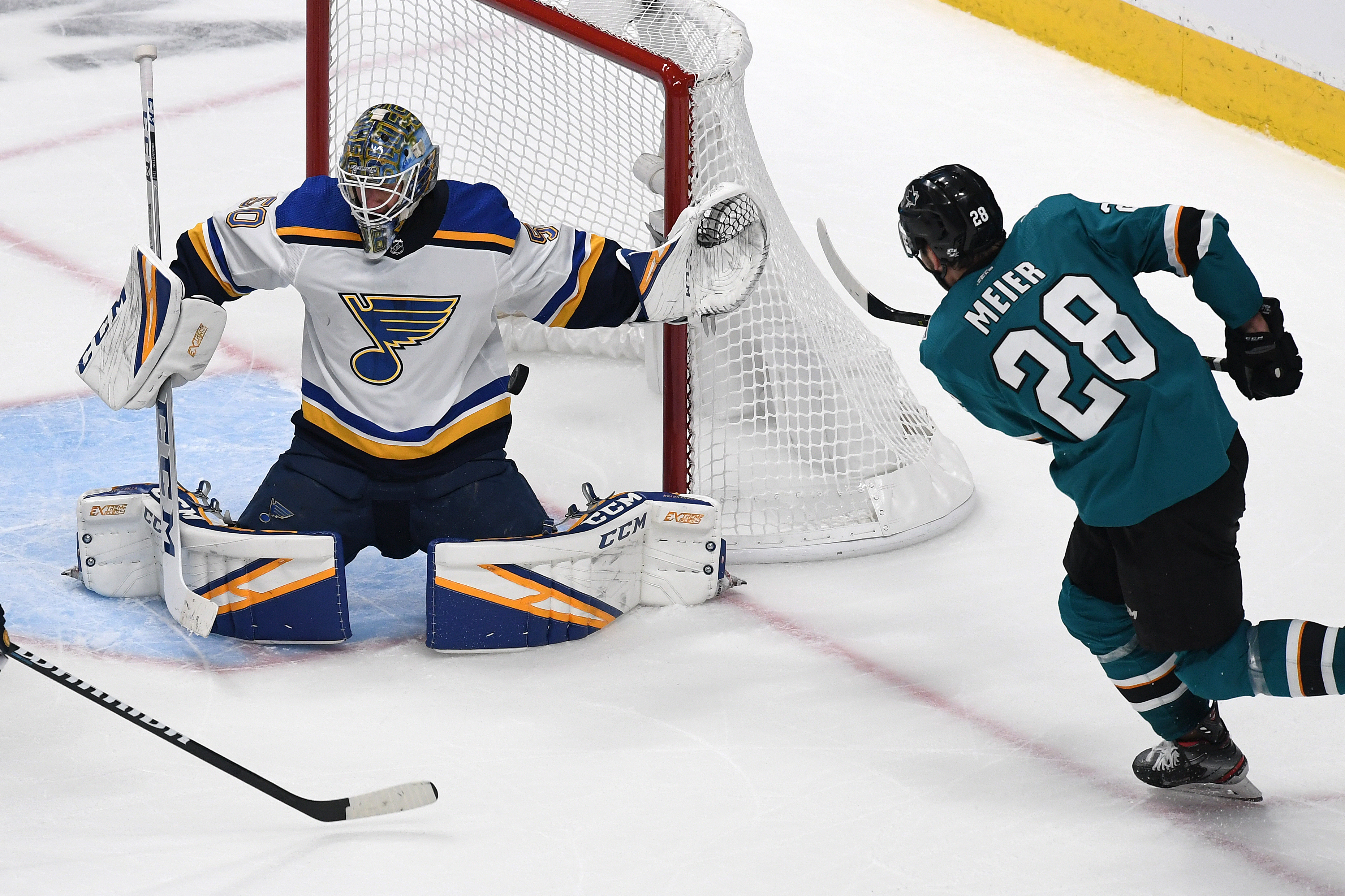 Jordan Binnington #50 of the St. Louis Blues makes a save against Timo Meier #28 of the San Jose Sharks in Game 2 of the Western Conference Final during the 2019 NHL Stanley Cup Playoffs at SAP Center on May 13, 2019 in San Jose, California.
