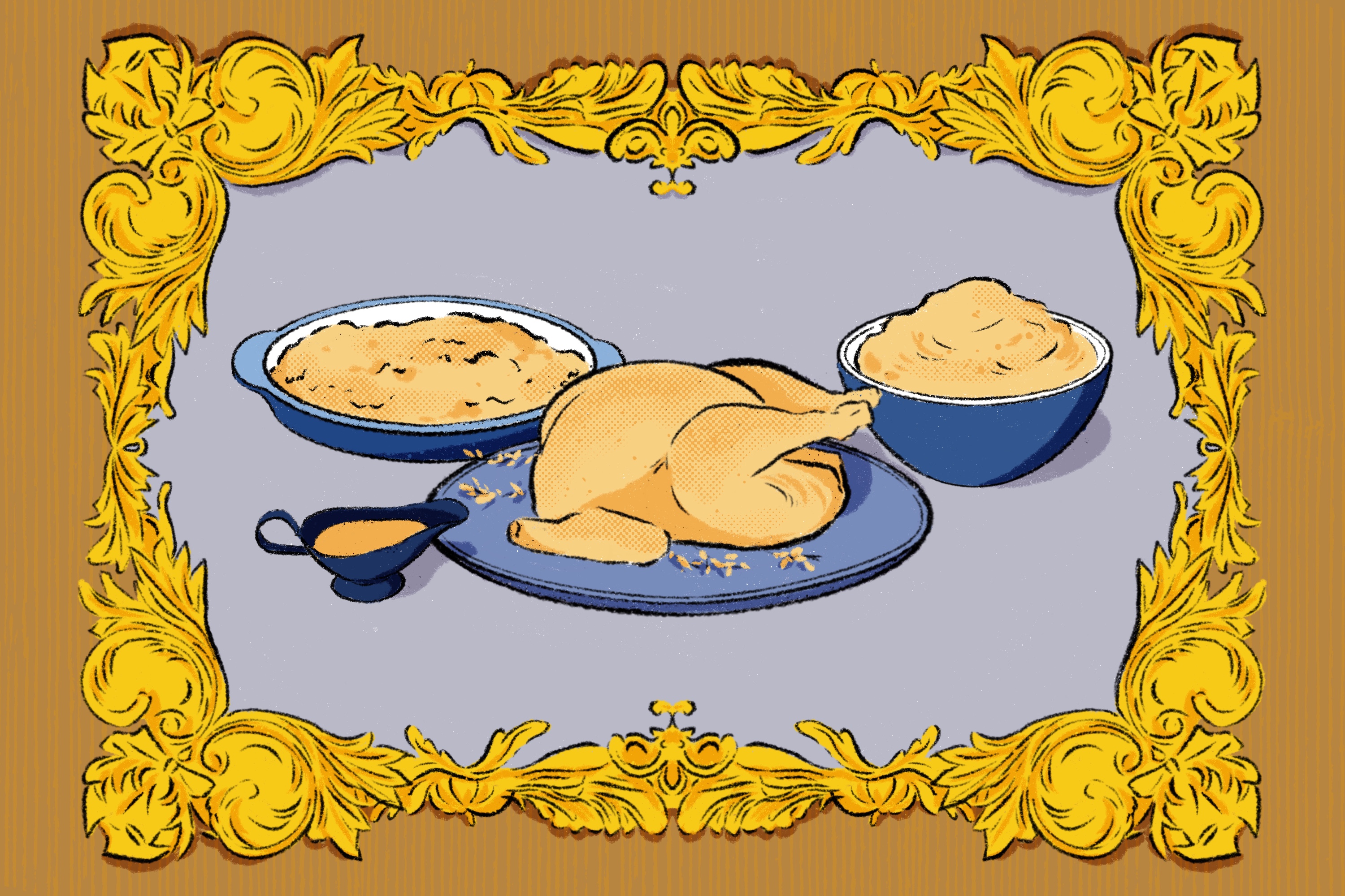 Illustration of turkey, mashed potatoes, and a casserole all the same yellow-beige color, plated on blue plateware.
