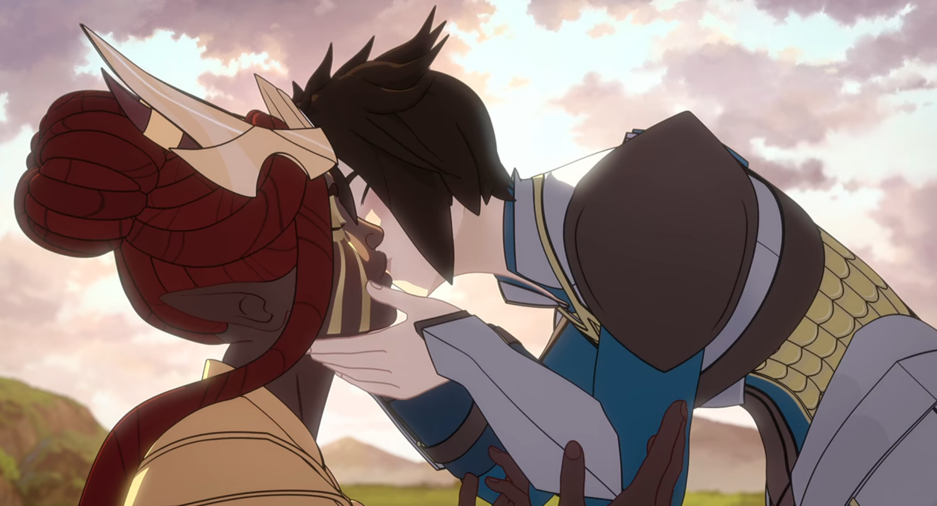 amaya, a strong woman wearing armor and sporting short, asymmetrical hair, leans down to kiss her fiance, Janai, an elf with brown skin and red braided hair