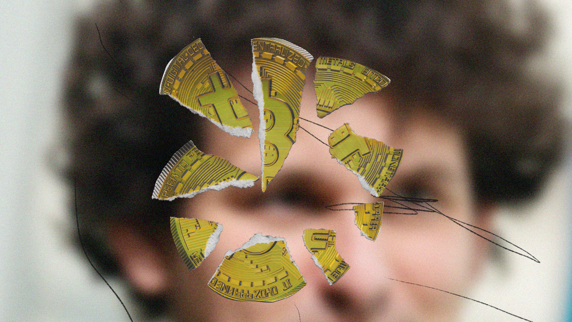 An image of Sam Bankman-Fried’s face, blurry, behind the shards of a bitcoin.