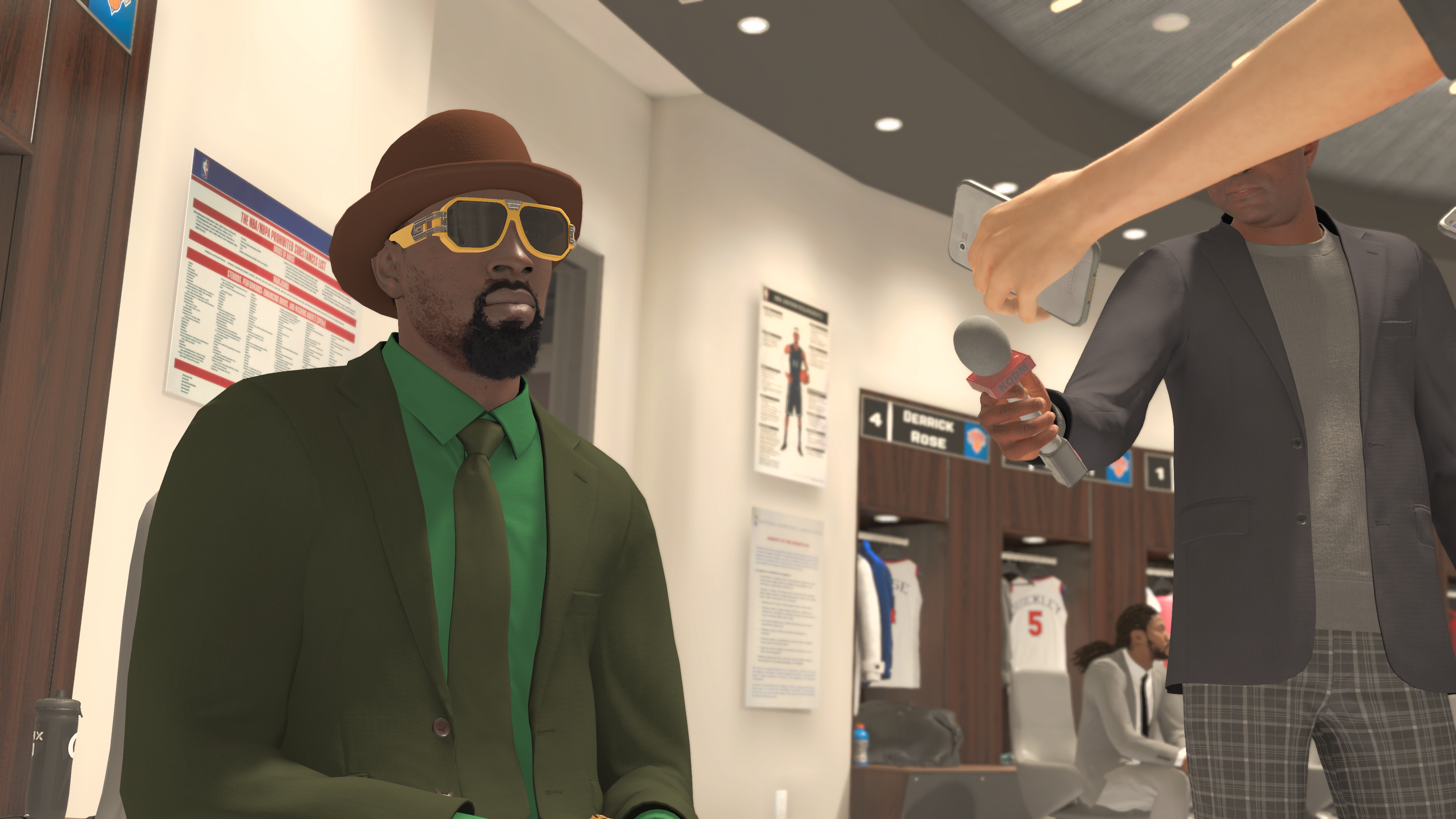 The player character, dressed entirely in green (with a pair of fabulous gold-rimmed sunglasses) speaks to the media in his locker room in NBA 2K23.