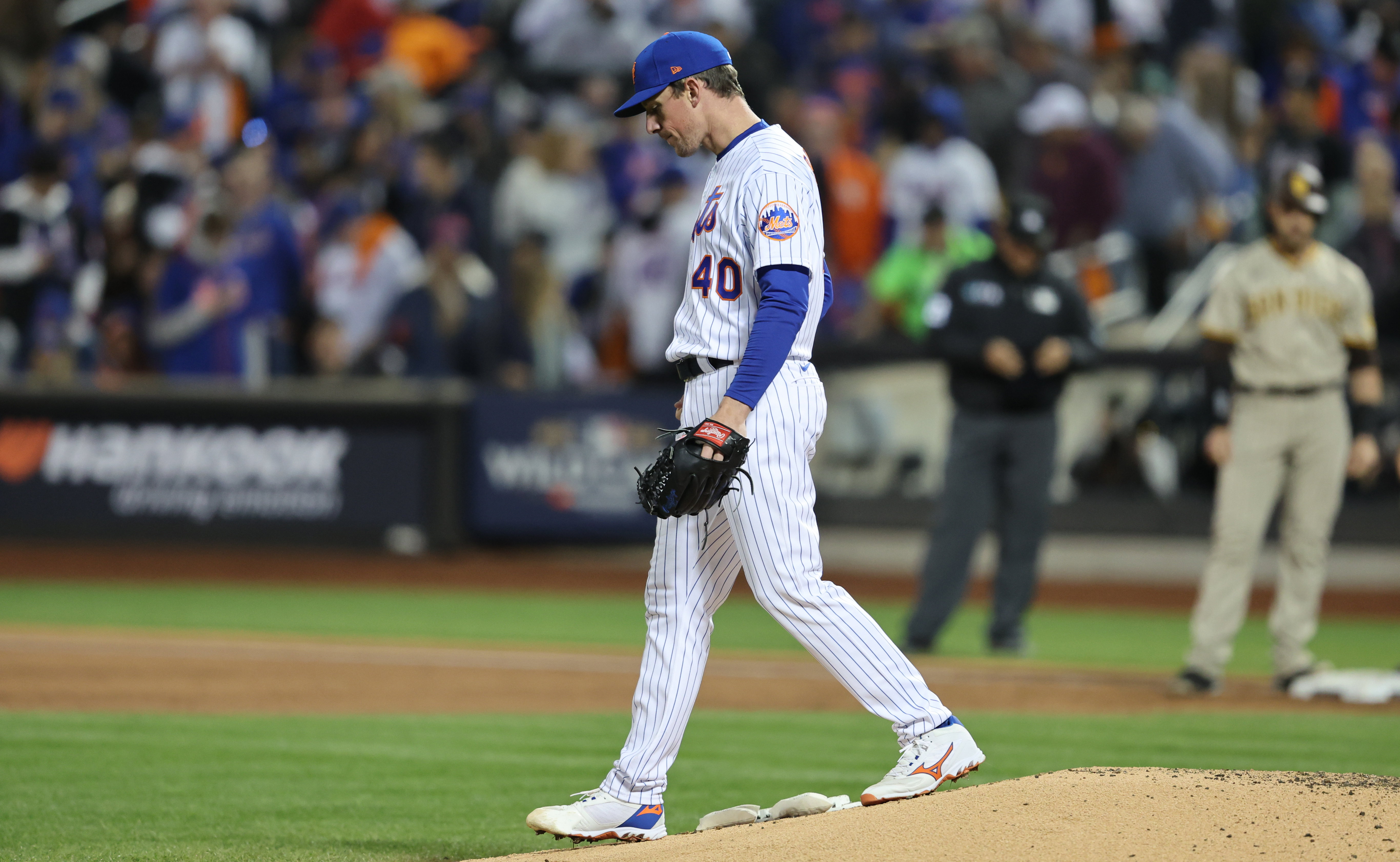 NY Mets pitcher Chris Bassitt on the mound during game three of wild card match against the Padres