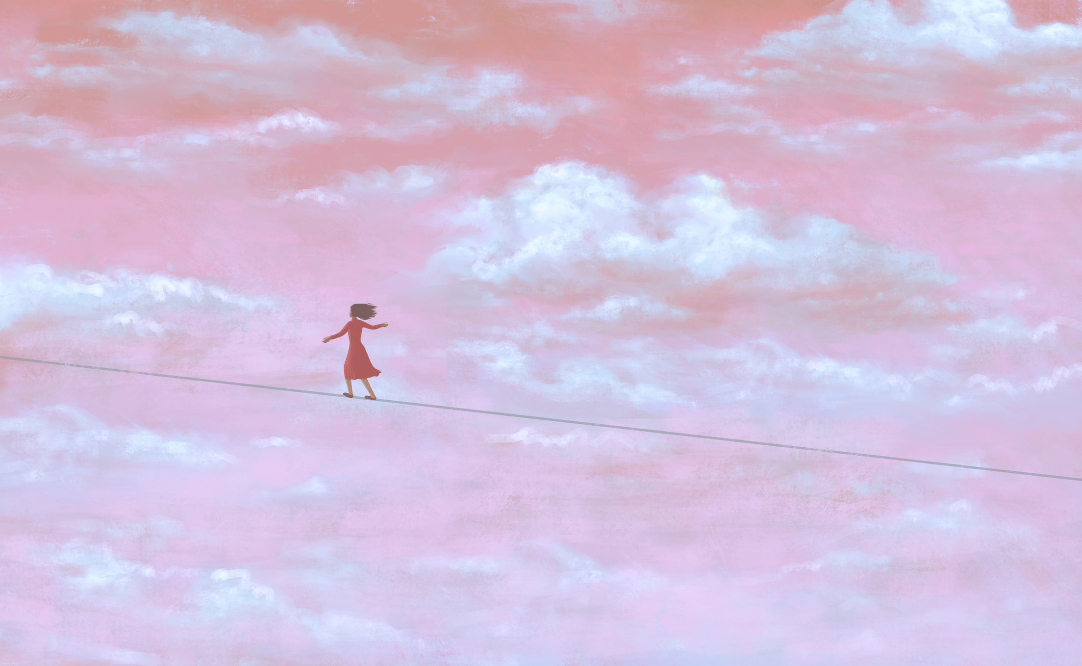 An illustration of a woman in a red dress, seen from far away, walking a tightrope in the sky, which is pink with white clouds.