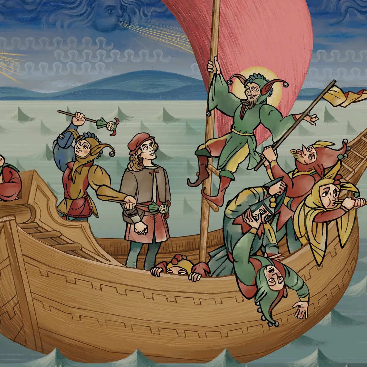 Andreas stands on a ship, looking up at a jester-like character holding the mast, in Pentiment. The game’s art looks like a late medieval manuscript.
