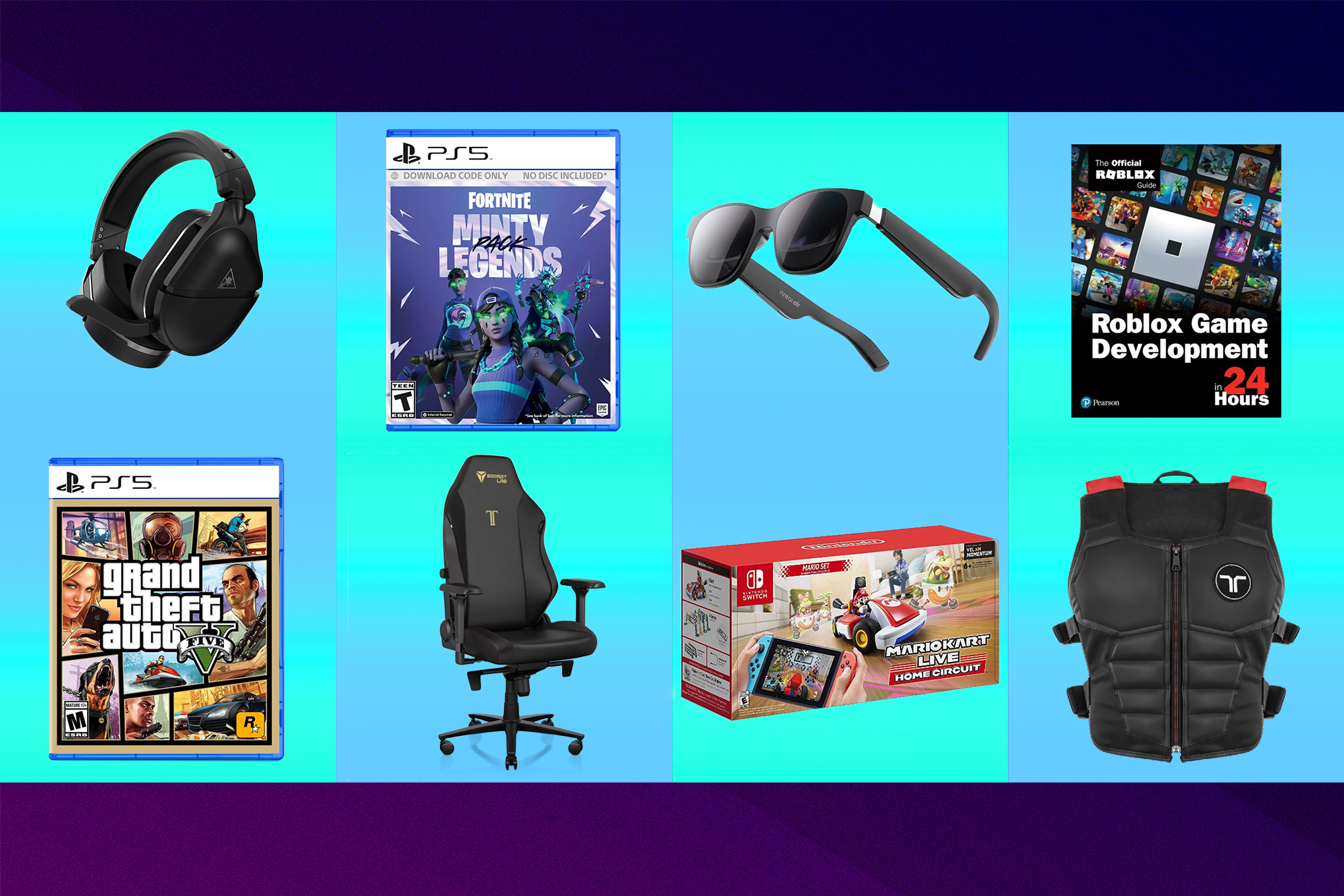A grid shows product images of items such as gaming chairs, Grand Theft Auto 5, and Mario Kart Live.