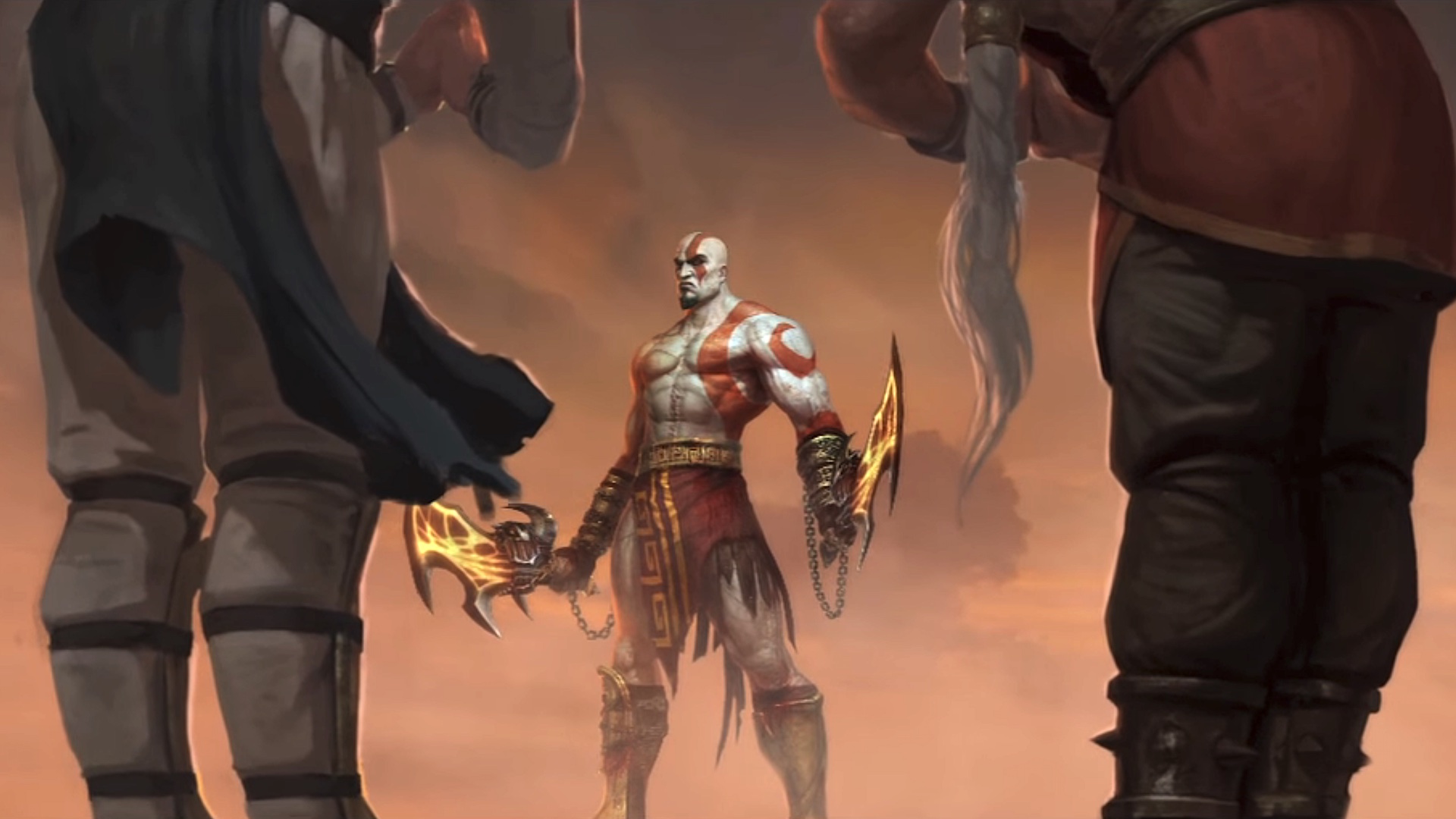 Kratos, armed with his Blades of Chaos, faces a bowing Raiden and Fujin in his ending from Mortal Kombat 9
