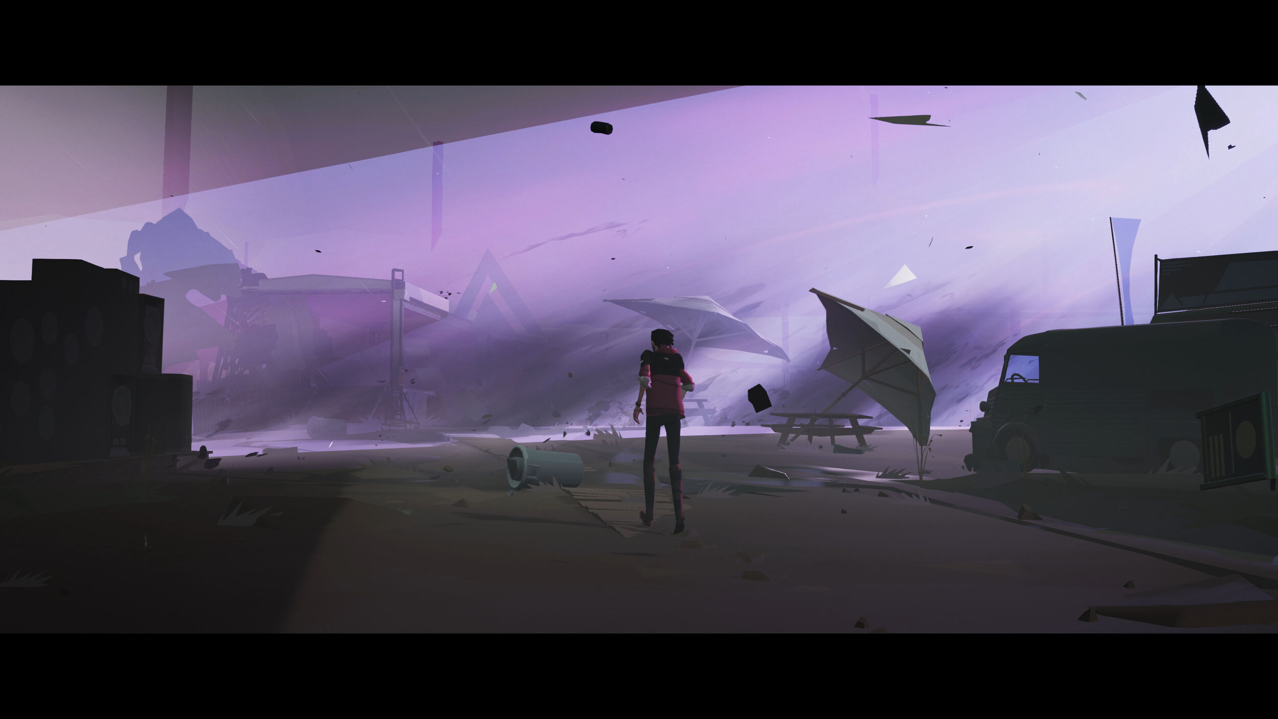 a screenshot from Somerville of a man walking through a windy storm with the sky bathed in a purple glow