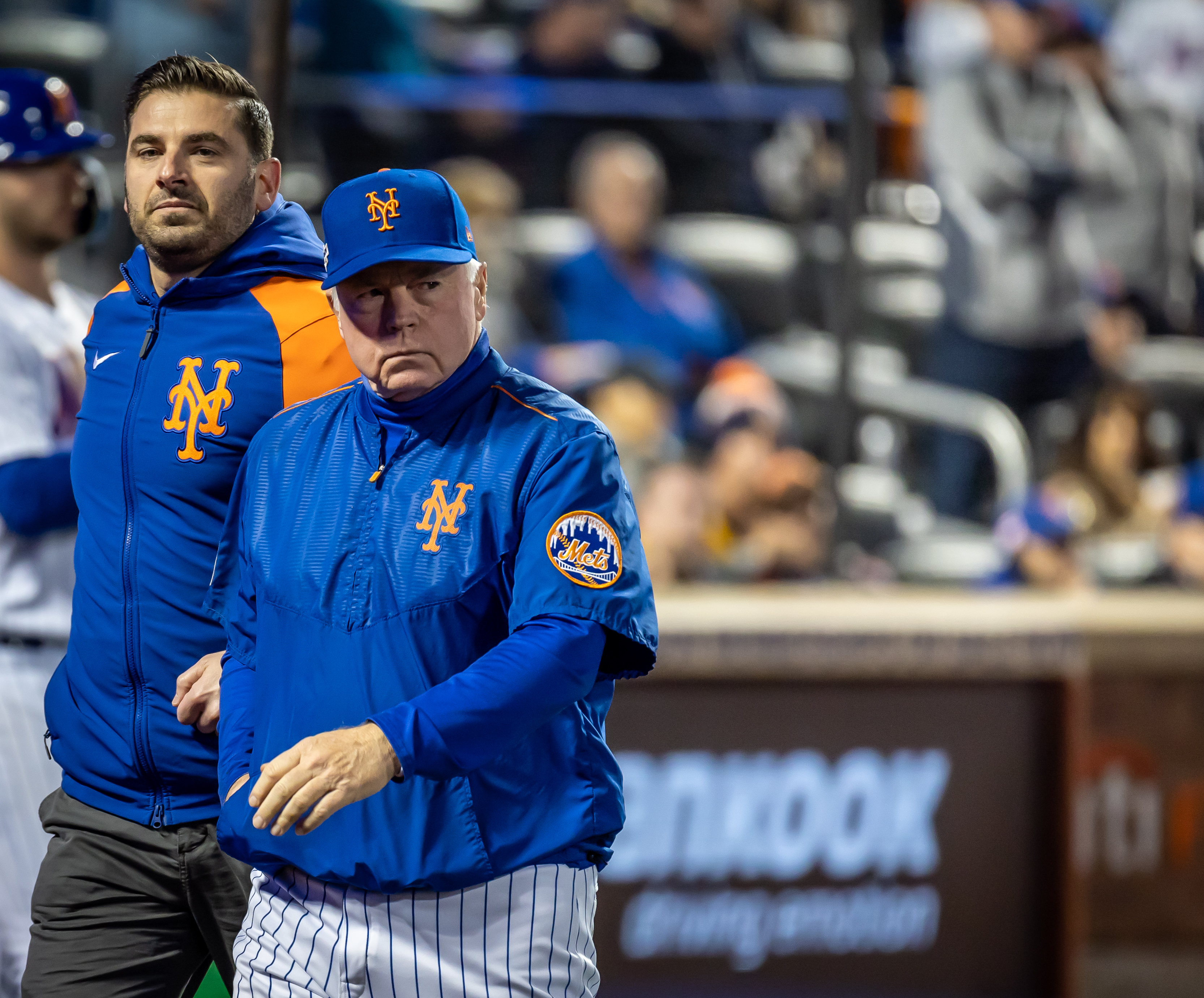 New York Mets manager Buck Showalter returning to the dugout after checking on Francisco Lindor’s injury while playing the San Diego Padres in the bottom of the 4th inning in the best-of-three National League wild-card series at Citi Field in Flushing, New York, October 9, 2022.