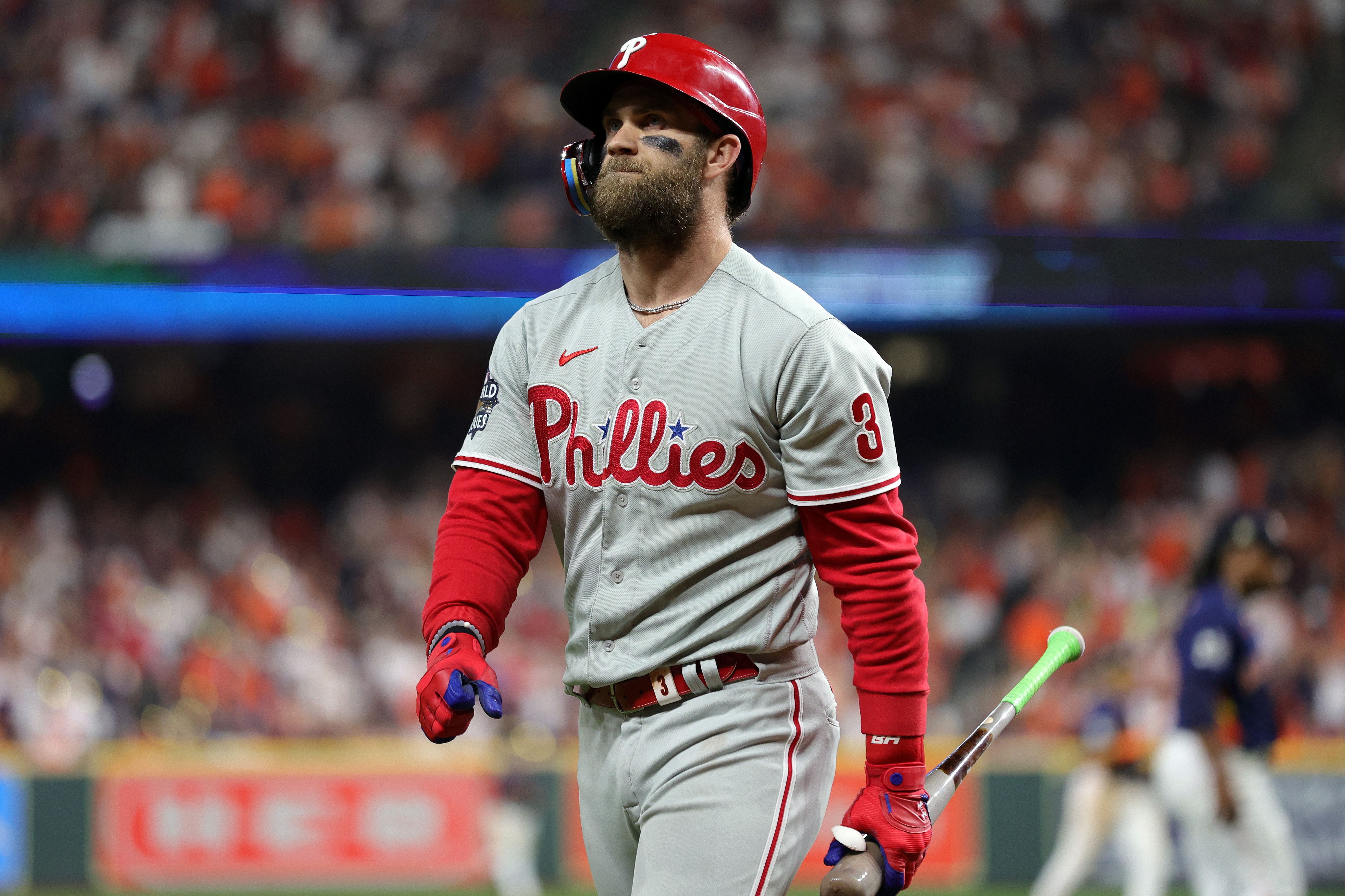 Bryce Harper #3 of the Philadelphia Phillies reacts after striking out against the Houston Astros during the sixth inning in Game Six of the 2022 World Series at Minute Maid Park on November 05, 2022 in Houston, Texas.