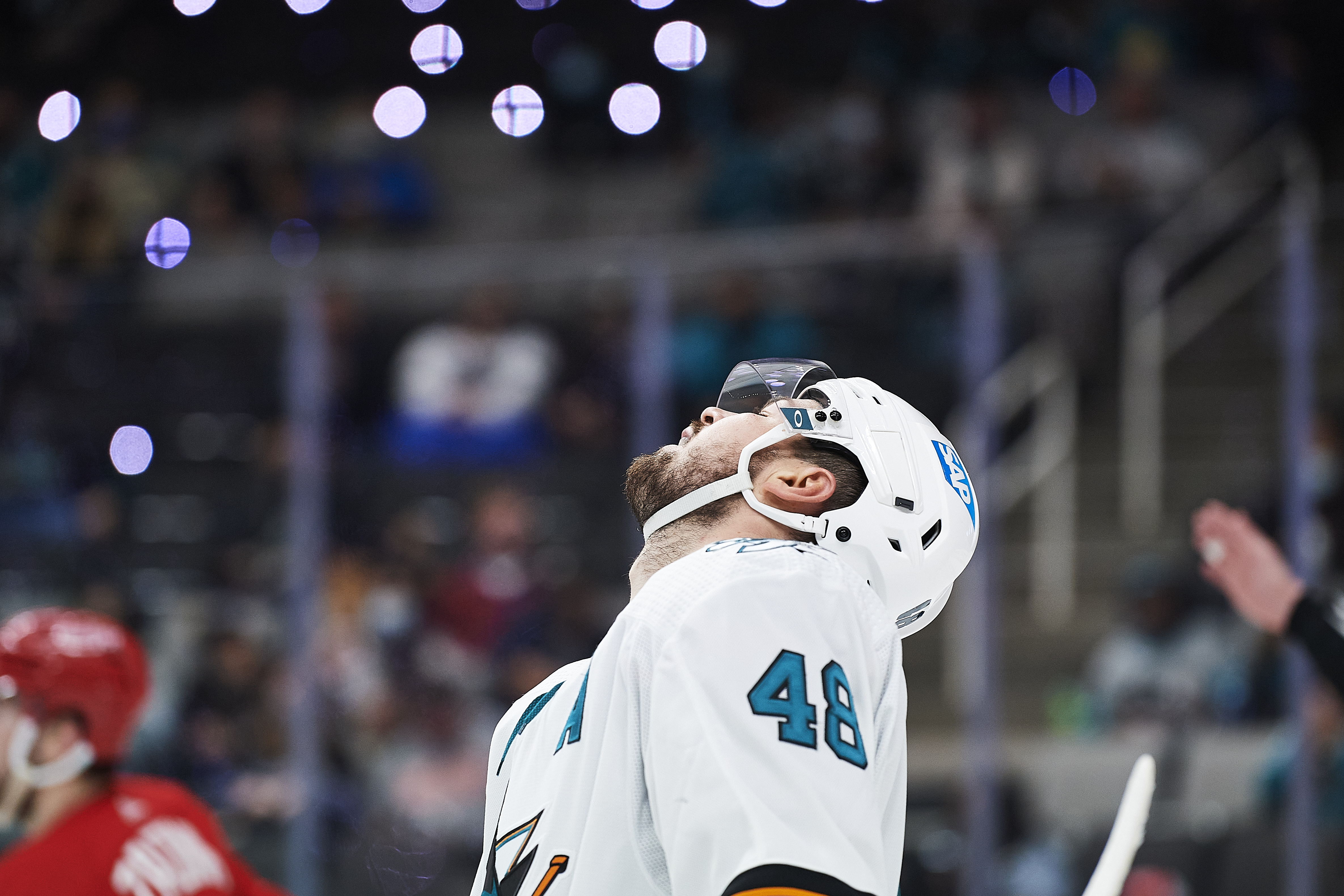 San Jose Sharks center Tomas Hertl (48) reacts after a play during the NHL game between the San Jose Sharks and the Detroit Red Wings on January 11, 2022 at SAP Center in San Jose, CA.