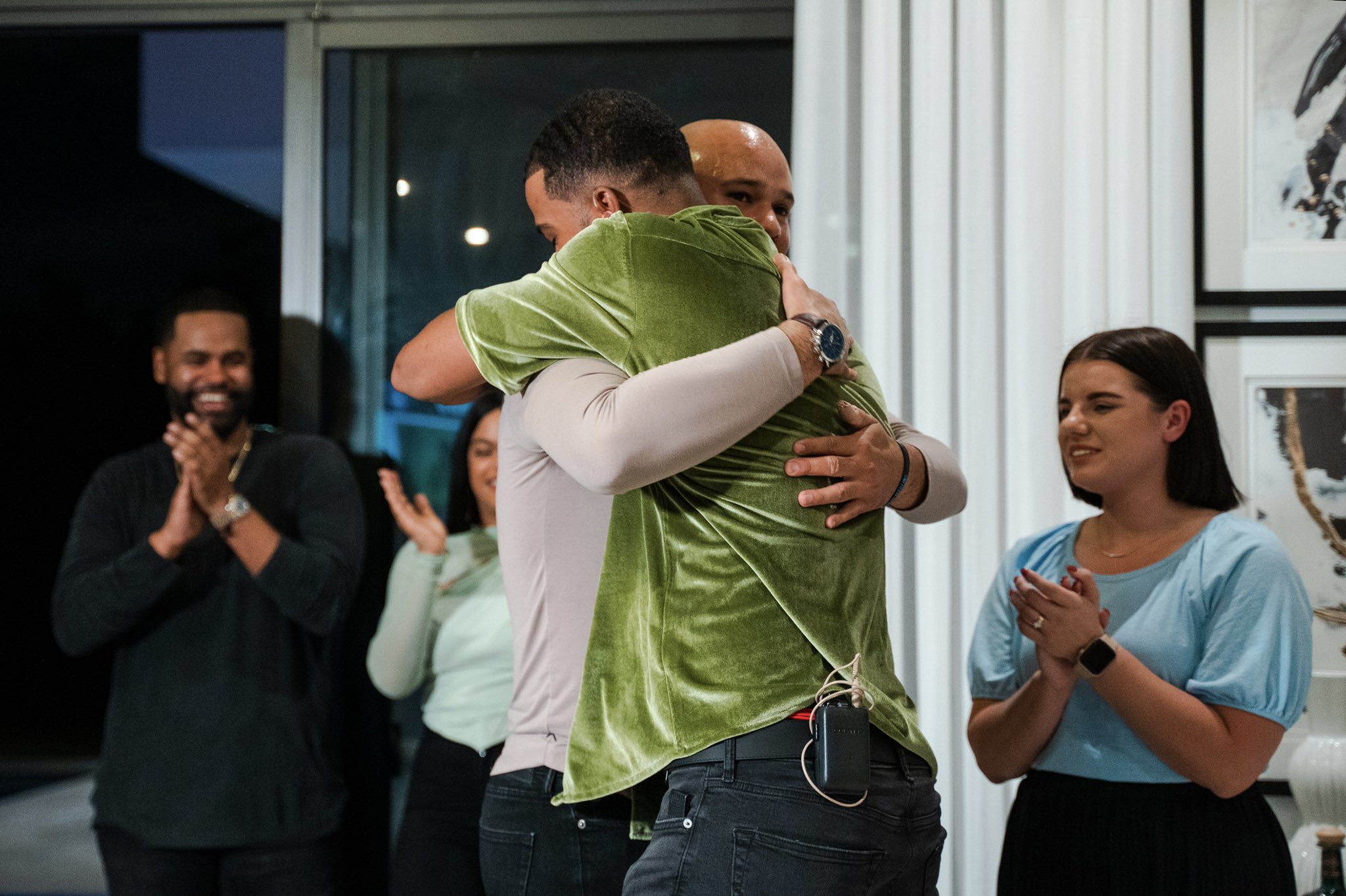 Sandy Alcantara hugs Marlins teammate Pablo López after Alcantara is announced as the 2022 NL Cy Young award winner