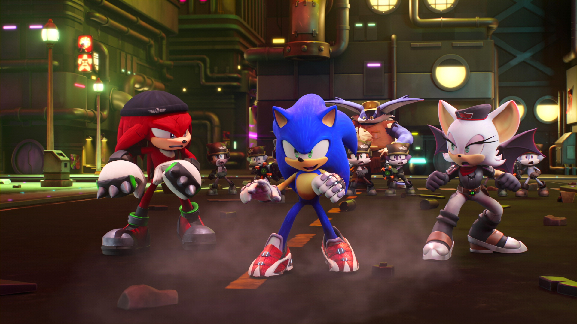 sonic standing with cyberpunk versions of rogue and knuckles