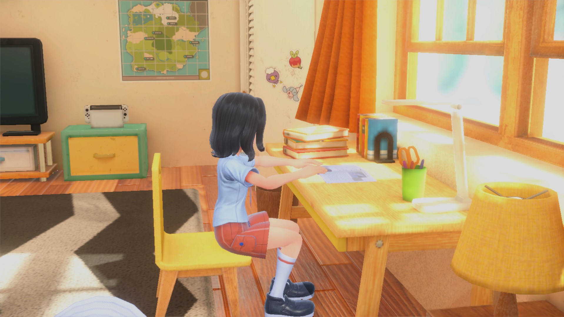 A Pokémon trainer in the Naranja Academy uniform sitting at a desk at home