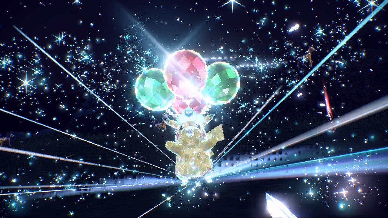 Flying Tera Type Pikachu with balloons on its head.