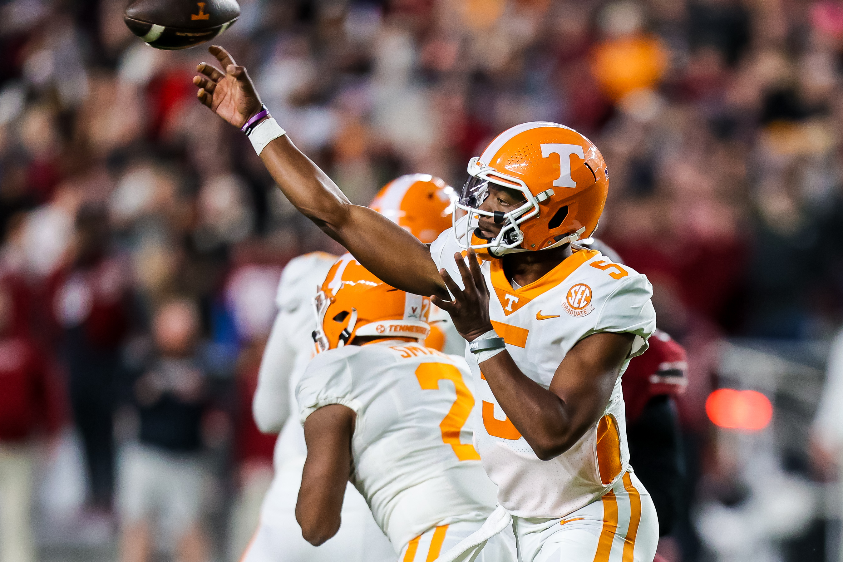 Tennessee Volunteers quarterback Hendon Hooker passes against the South Carolina Gamecocks in the first quarter at Williams-Brice Stadium.&nbsp;