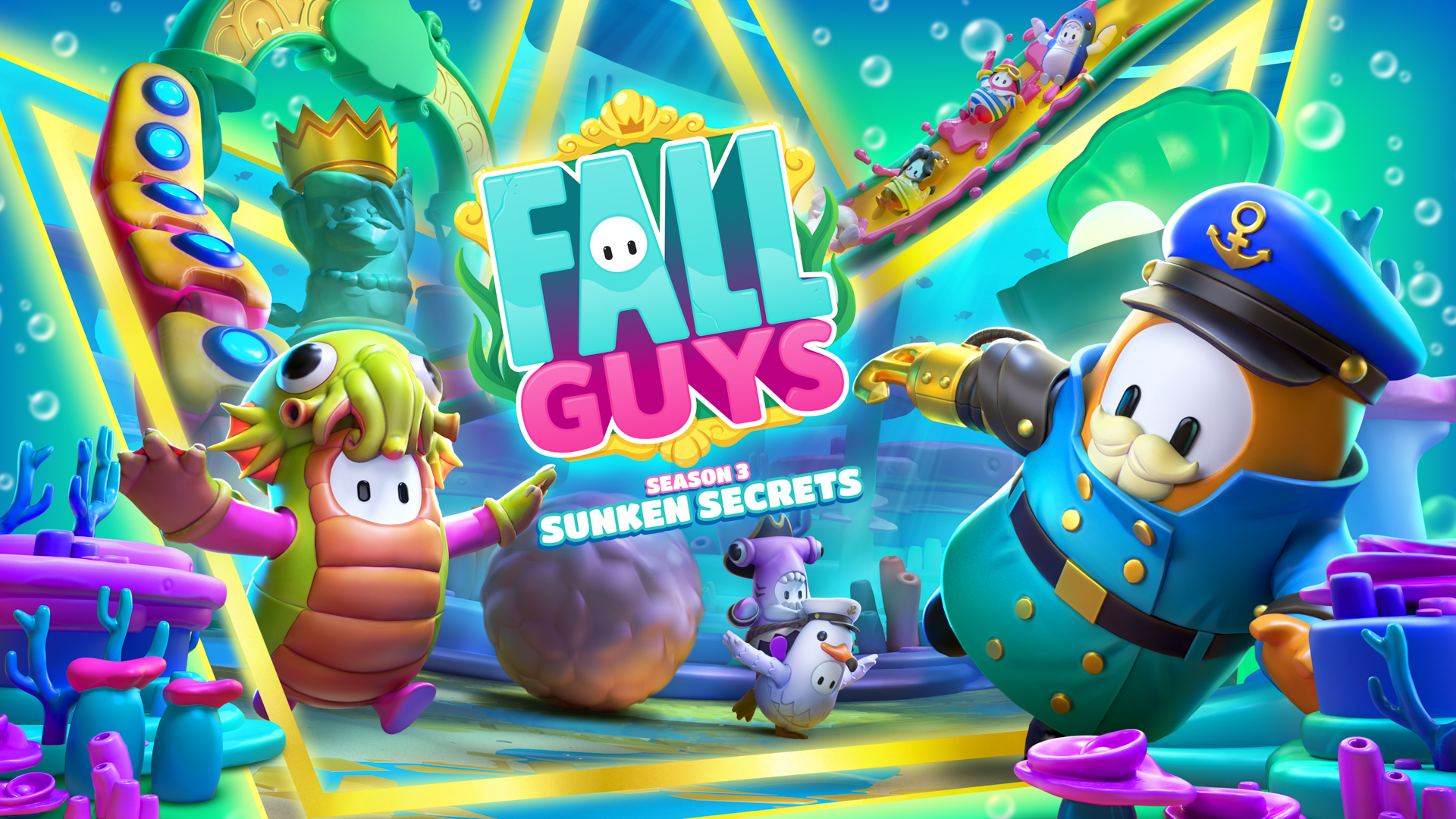 A promotional image for Fall Guys Season 3, called Sunken Secrets. A few beans are in the image, including one dressed like a sailor, and one dressed like a sea monster.