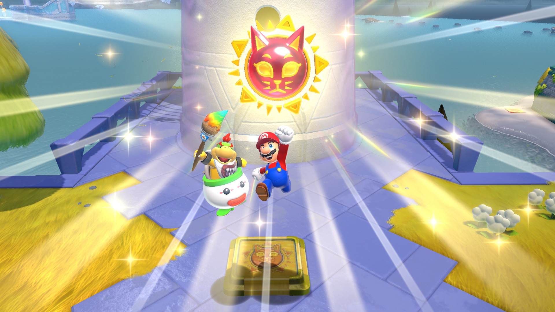 Mario and Bowser Jr. bounce with joy in a screenshot from Super Mario 3D World + Bowser’s Fury