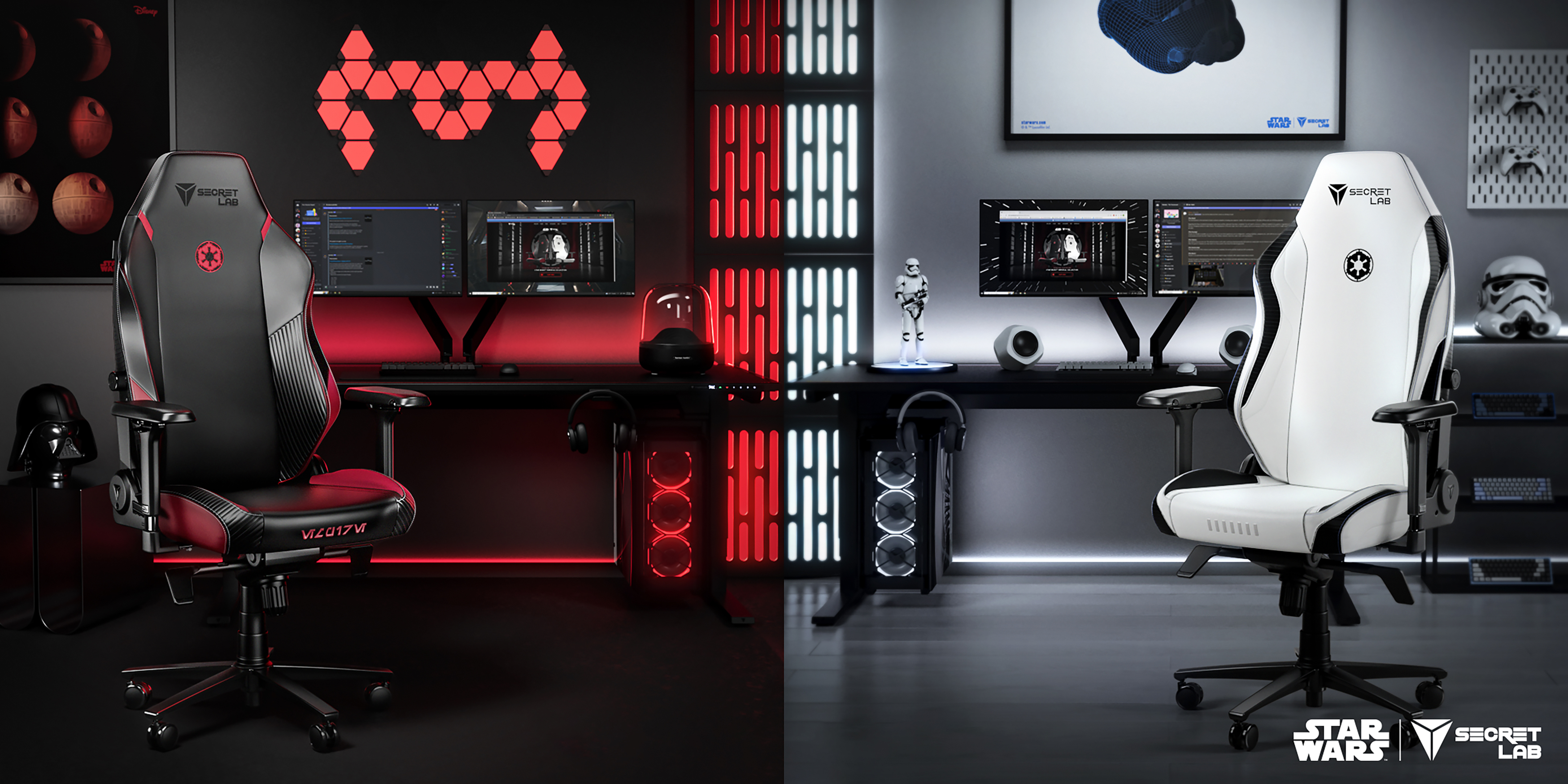 Two Star Wars gaming chairs, one white and one black, with color-matching backgrounds.