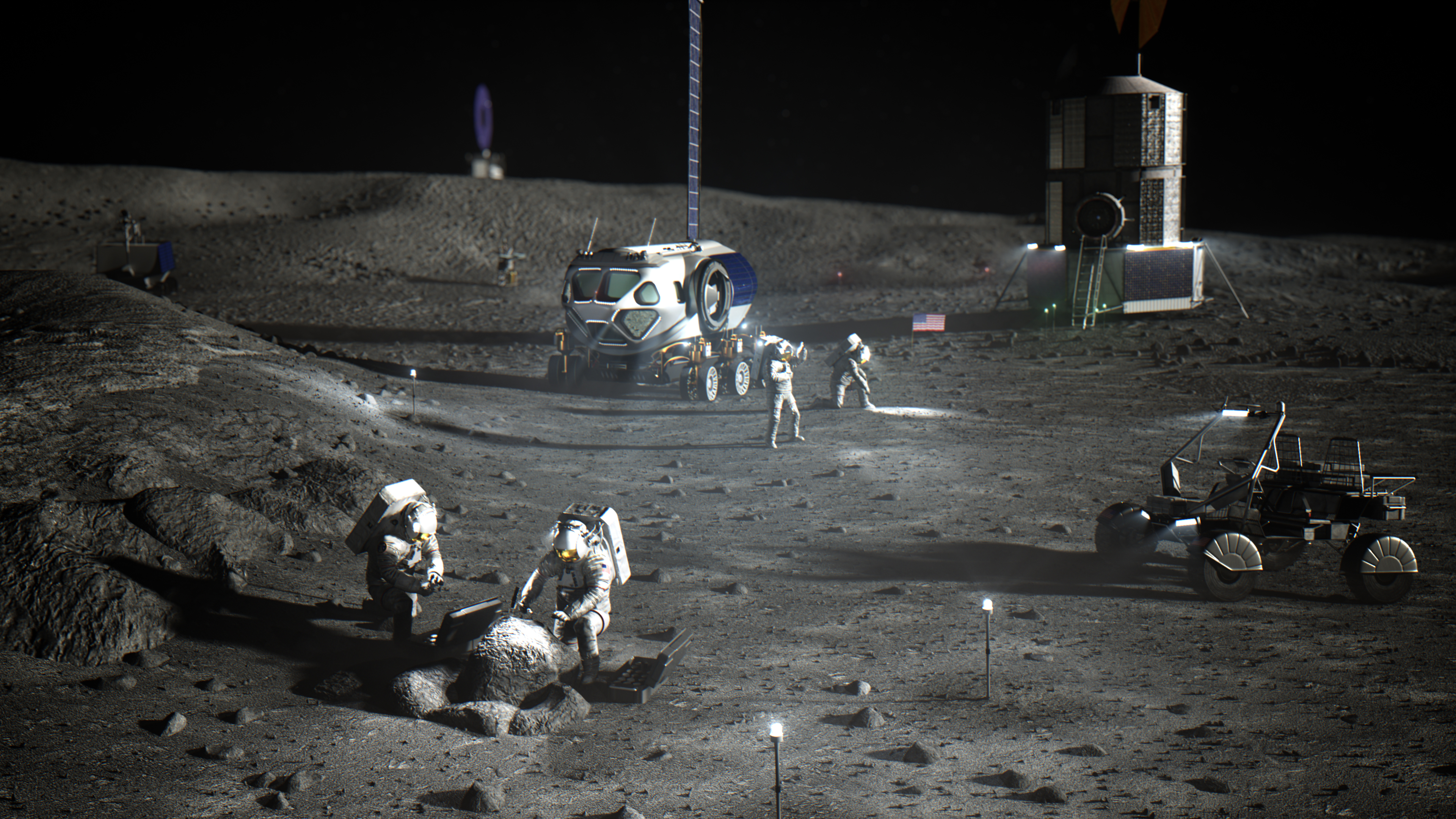 A mock-up of what a moon base camp might look like on the moon, including astronauts in spacesuits and a wheeled rover.