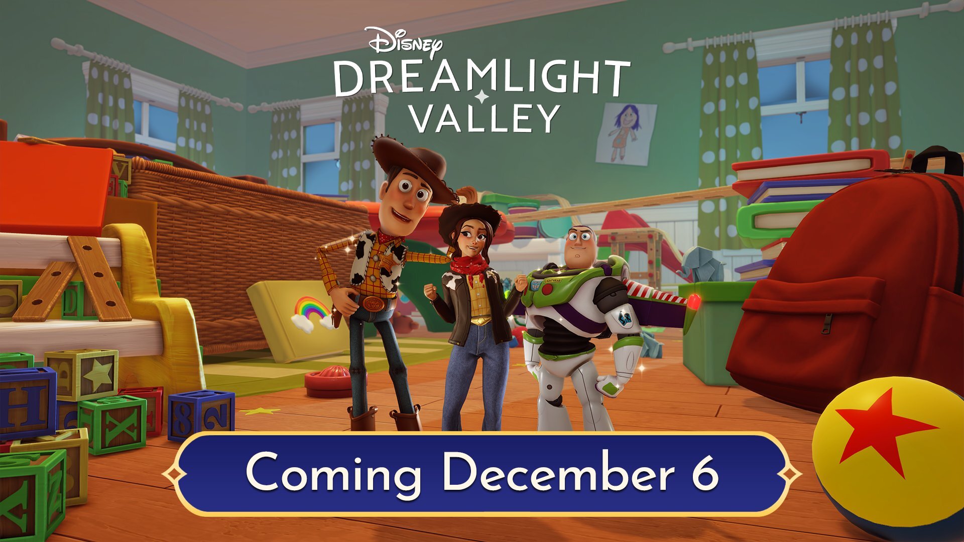 A screenshot from Disney Dreamlight Valley showing Woody and Buzzy with the player-character in a bedroom,