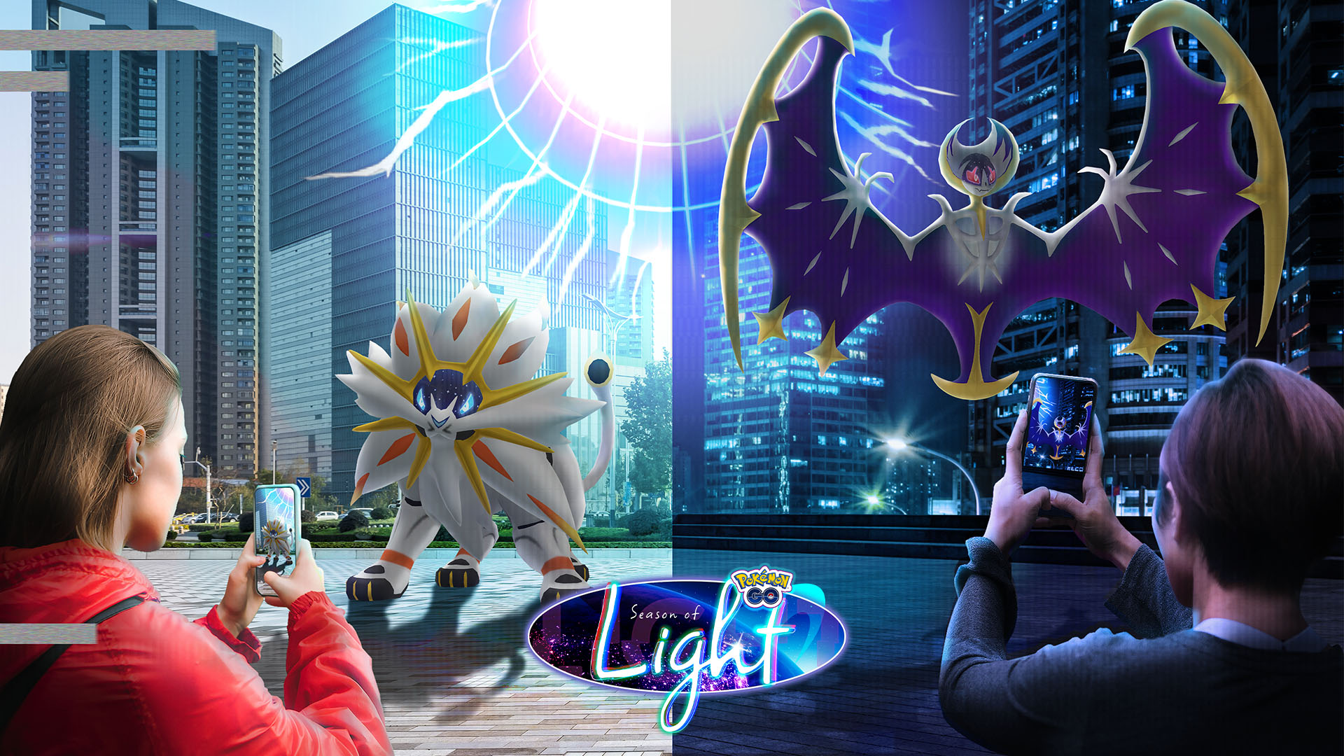People take photos of Solgaleo and Lunala as they come out of ultra wormholes