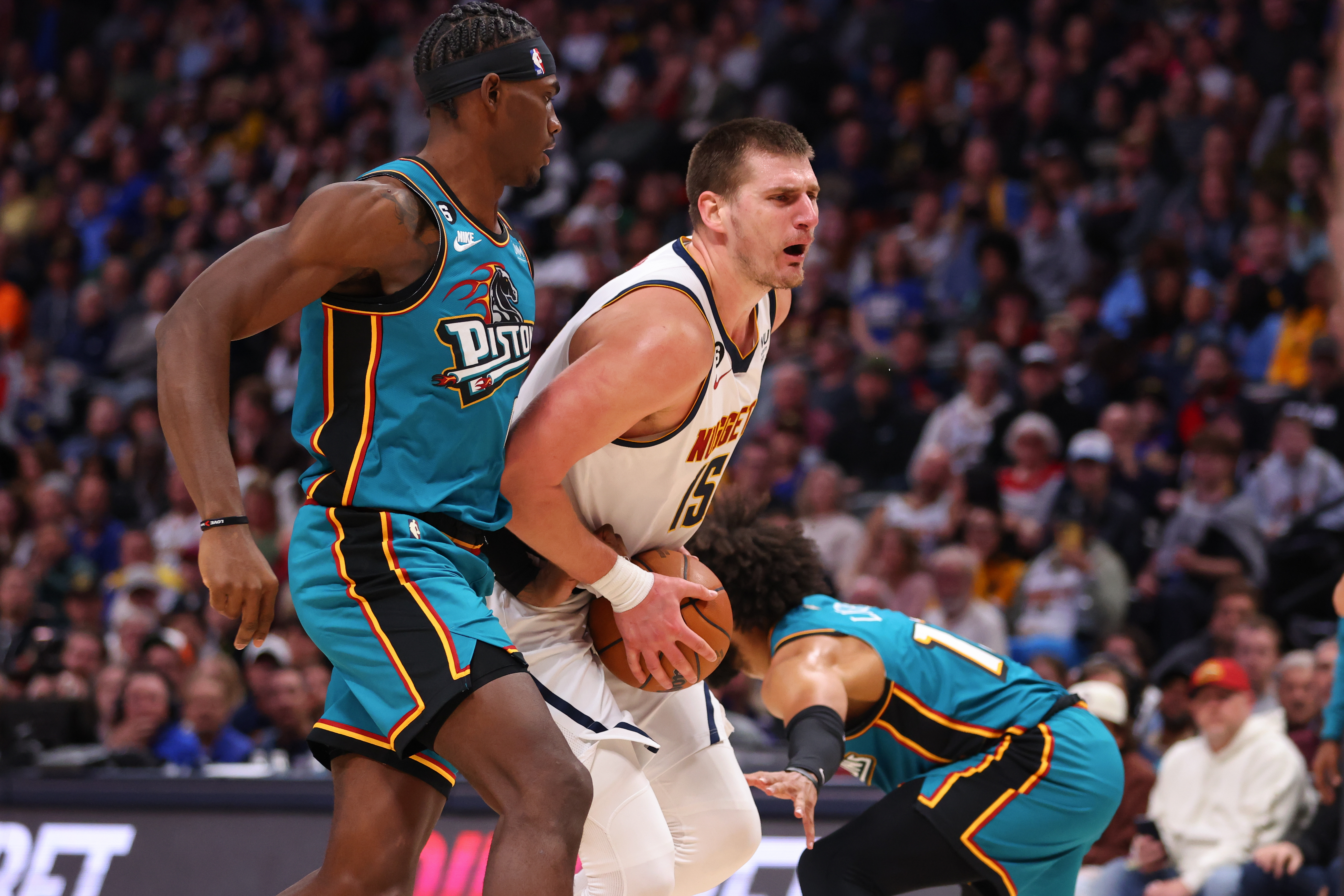 Nikola Jokic of the Denver Nuggets drives to the basket in the second half at Ball Arena on November 22, 2022 in Denver, Colorado.&nbsp;