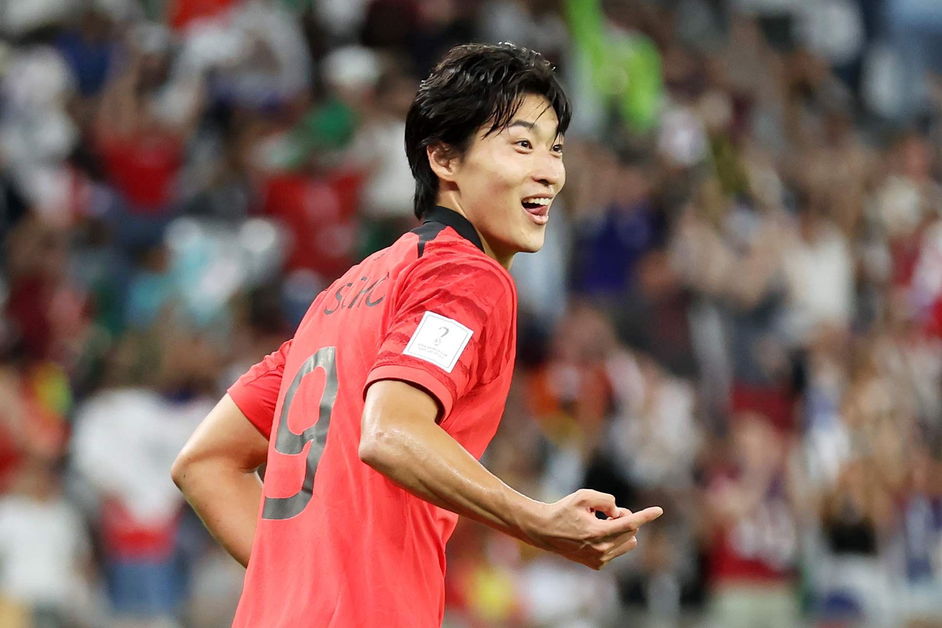 Guesung Cho of Korea Republic celebrates after scoring their team’s first goal during the FIFA World Cup Qatar 2022 Group H match between Korea Republic and Ghana at Education City Stadium on November 28, 2022 in Al Rayyan, Qatar.