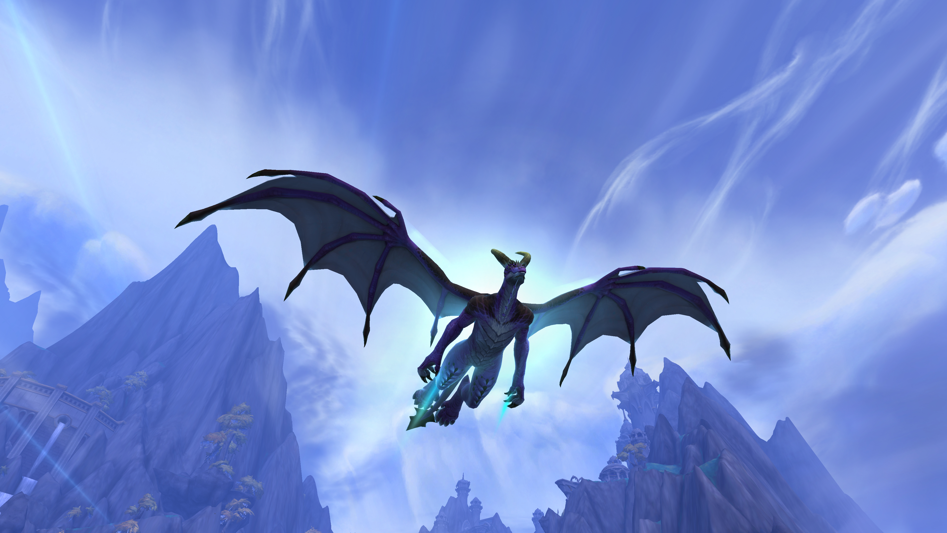 A Dracthyr human-dragon hybrid soars through the skies with mountaintops in the distance in World of Warcraft: Dragonflight