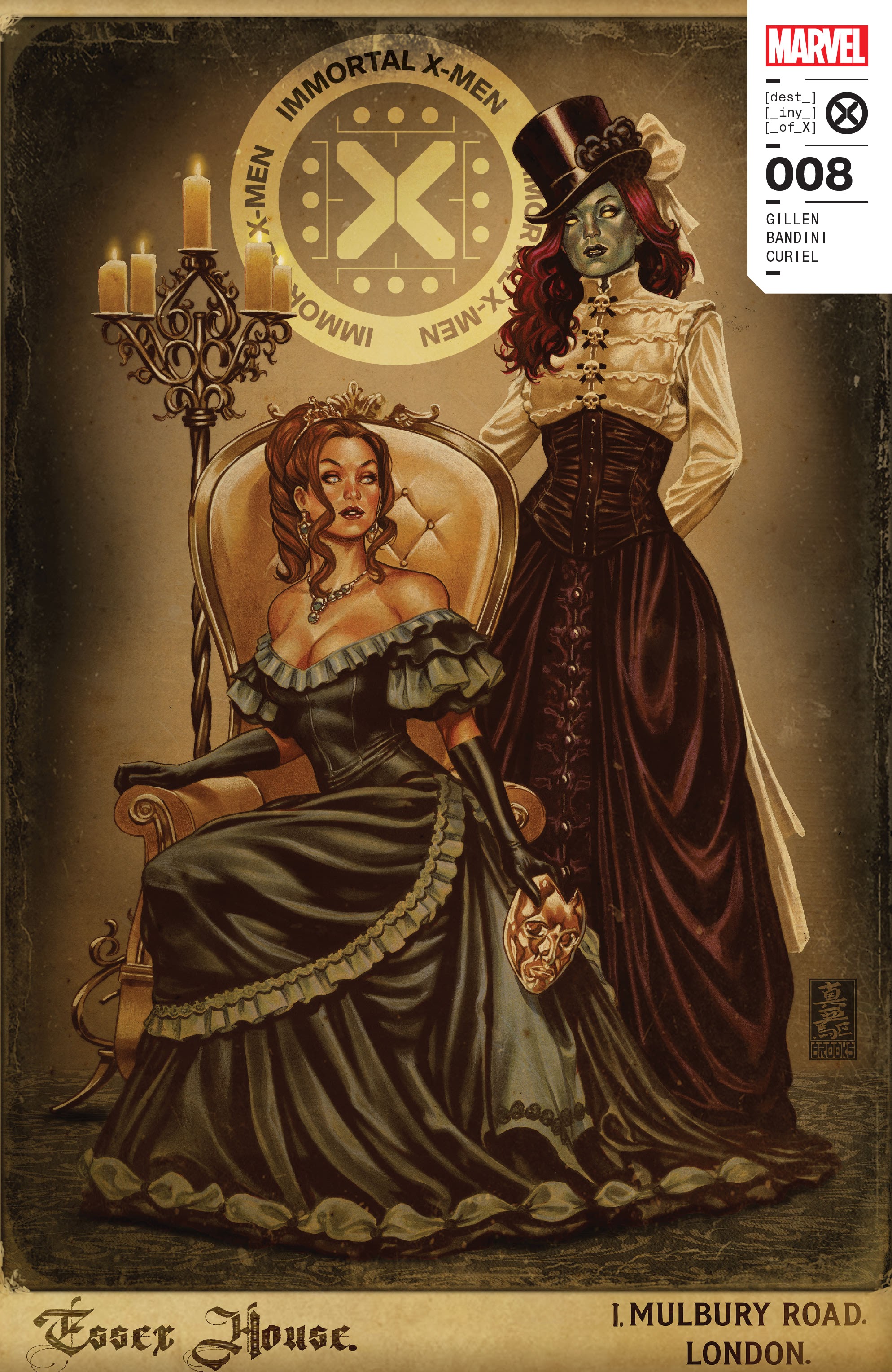 Destiny and Mystique post for an old-timey portrait in Victorian dress on the cover of Immortal X-Men #8 (2022).