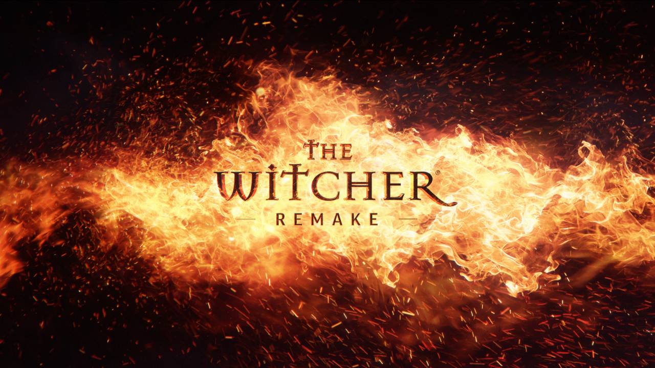 Key art for the The Witcher Remake; the game’s title is presented over a black screen against billowing flames and embers