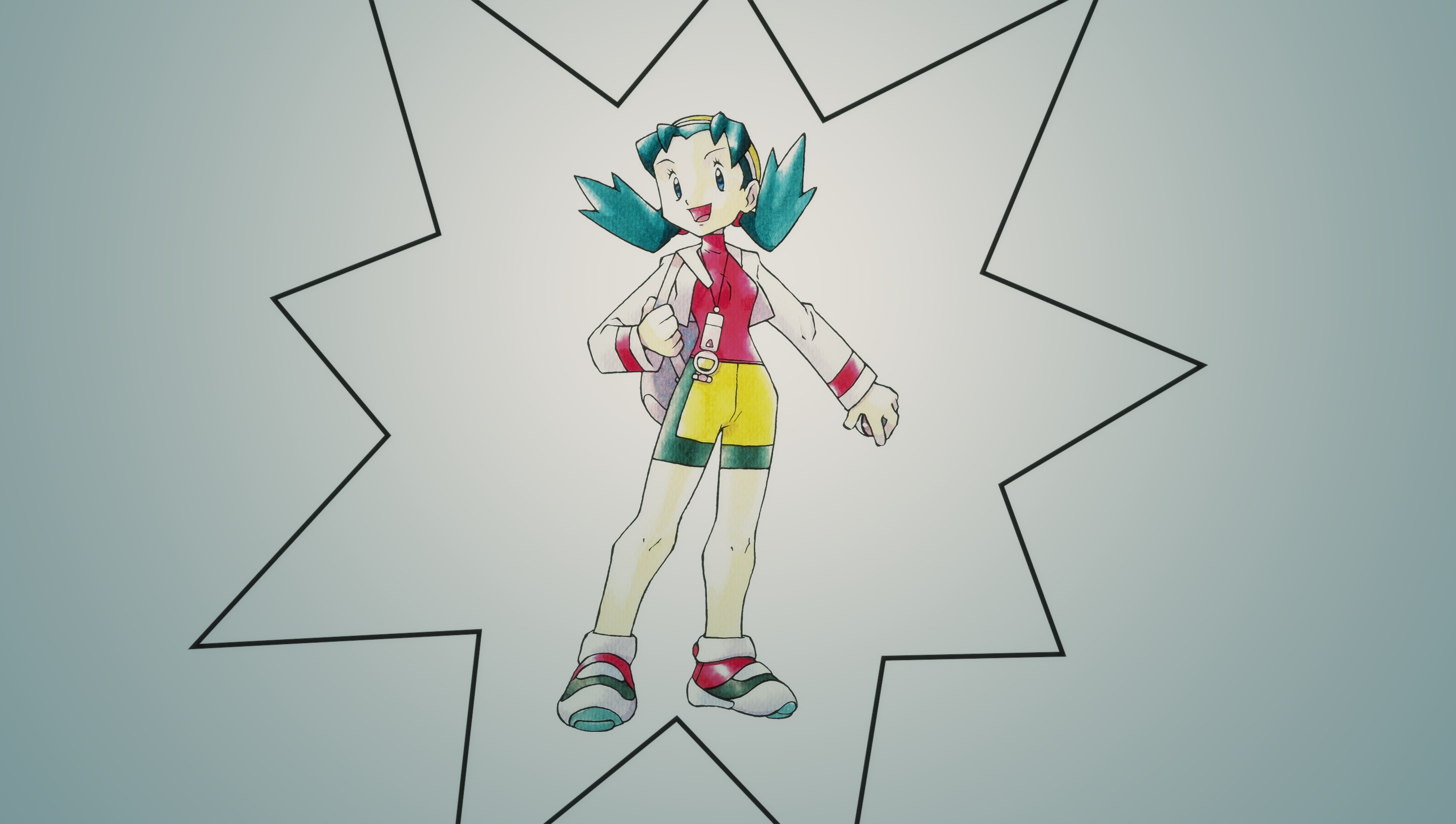 Kris, the green-haired female protagonist of Pokémon Crystal, posing with her backpack and a happy smile in her official game artwork