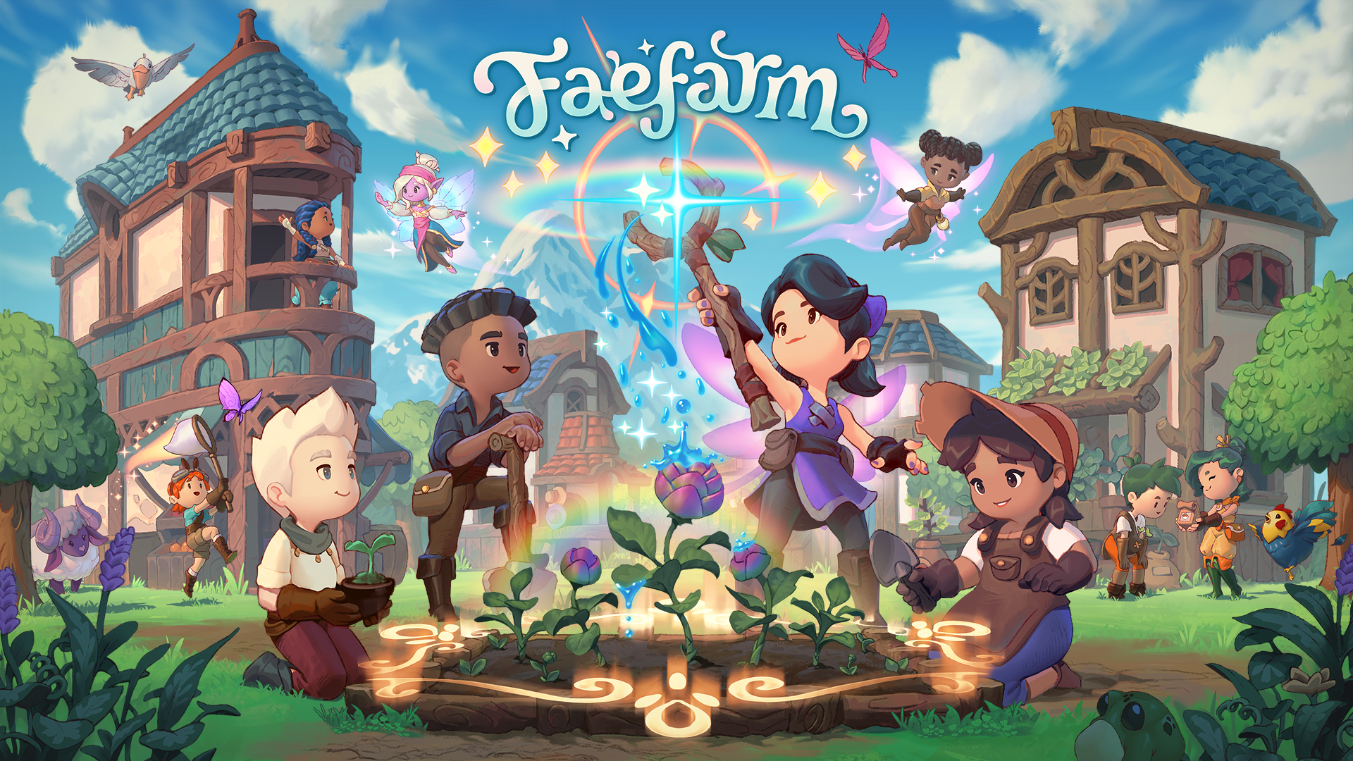 Key art from Fae Farm, showing a group of farmers bringing a flower to life using a wooden wand-like staff and the prismatic powers of tiny faeries.