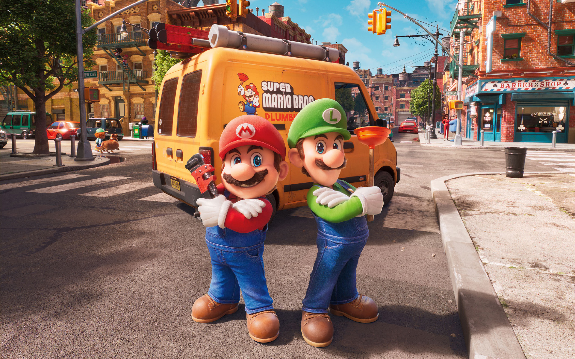 Mario, holding a wrench, and Luigi, holding a plunger, stand back to back in front of the Super Mario Bros. plumbing truck near a Brooklyn intersection in artwork from the Super Mario Bros. Movie.