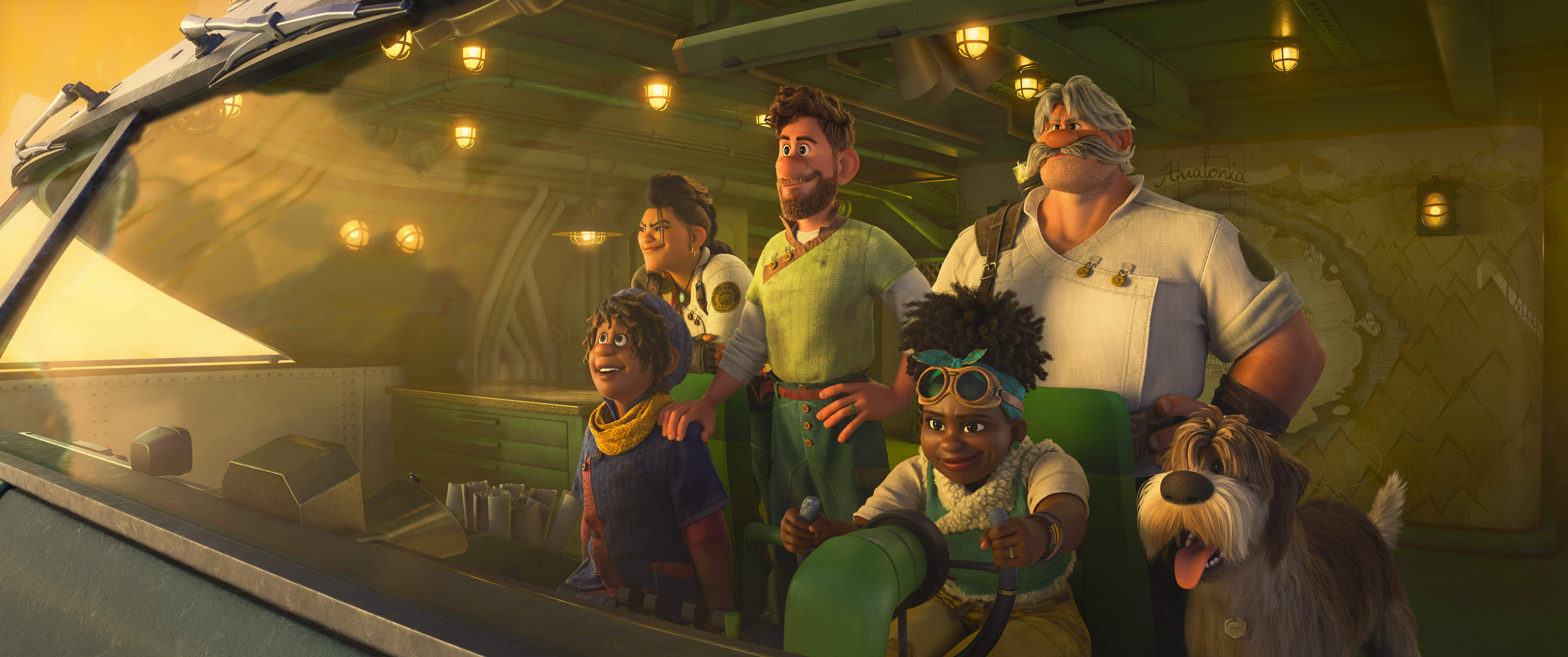 The multigenerational animated cast of Disney’s Strange World stands together on the bridge of a futuristic ship, staring nobly into the future