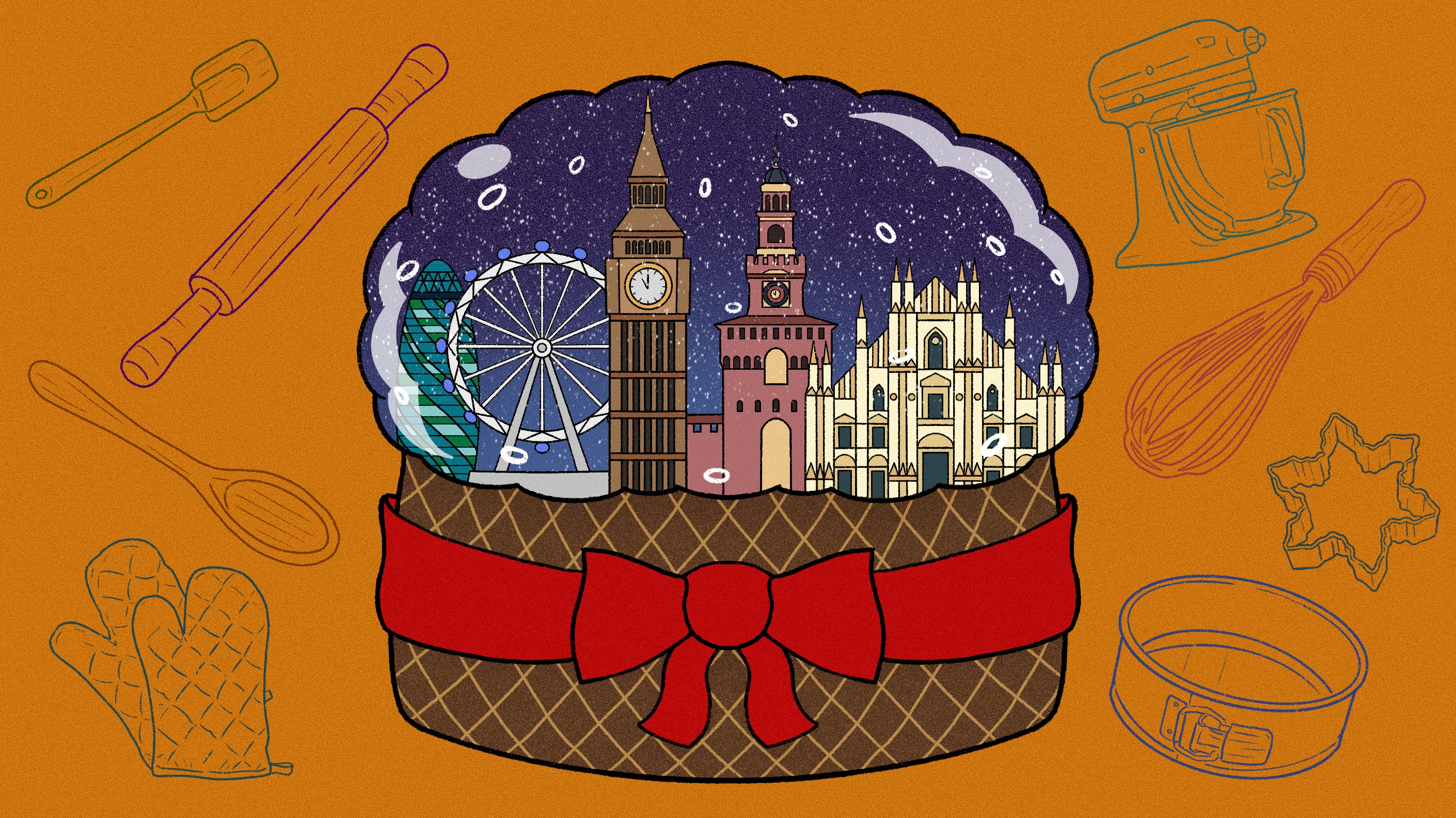 An illustration of panettone with iconic London buildings inside