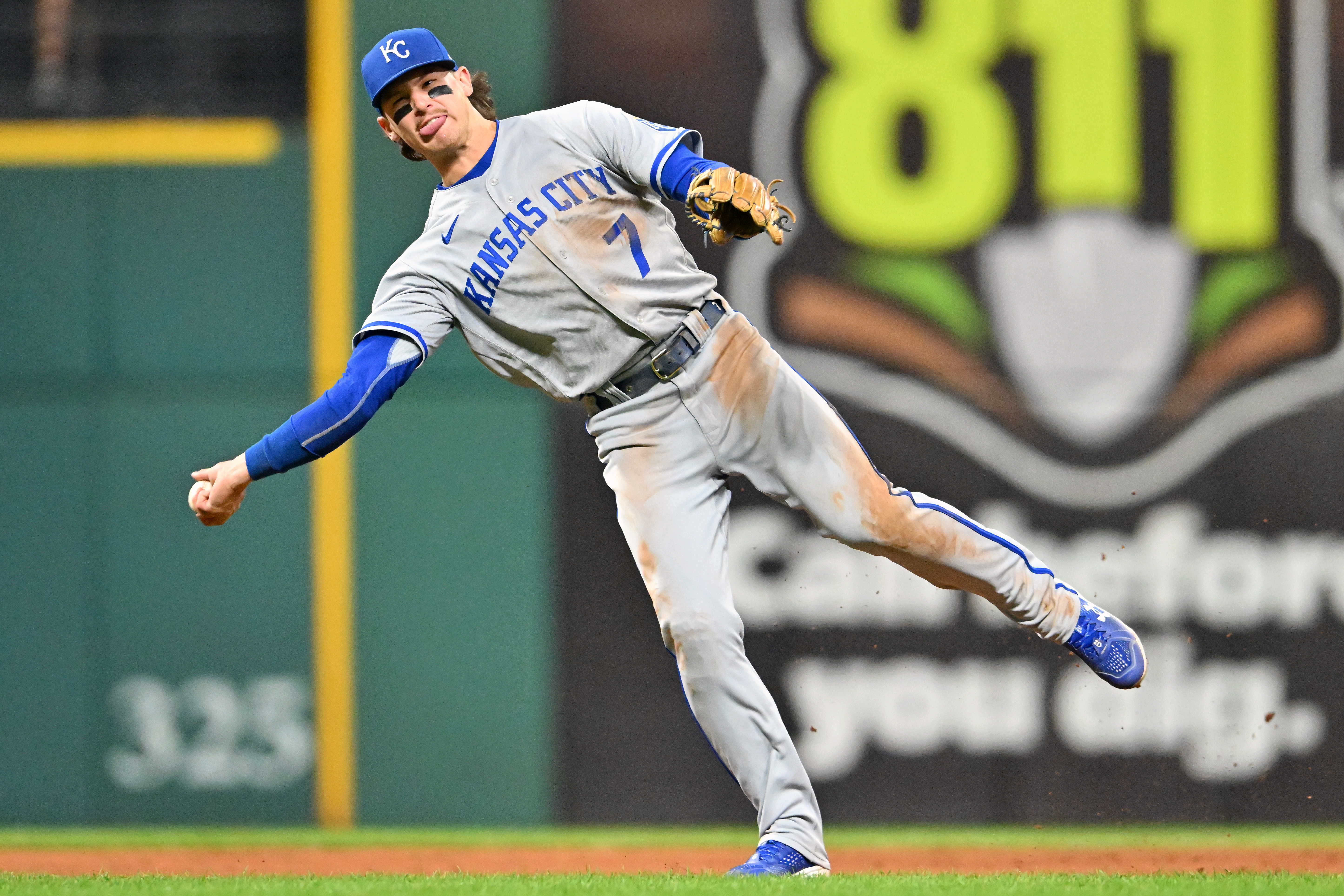 Shortstop Bobby Witt Jr. #7 of the Kansas City Royals throws to first on a ground ball hit by Gabriel Arias #8 of the Cleveland Guardians during the sixth inning at Progressive Field on October 03, 2022 in Cleveland, Ohio.