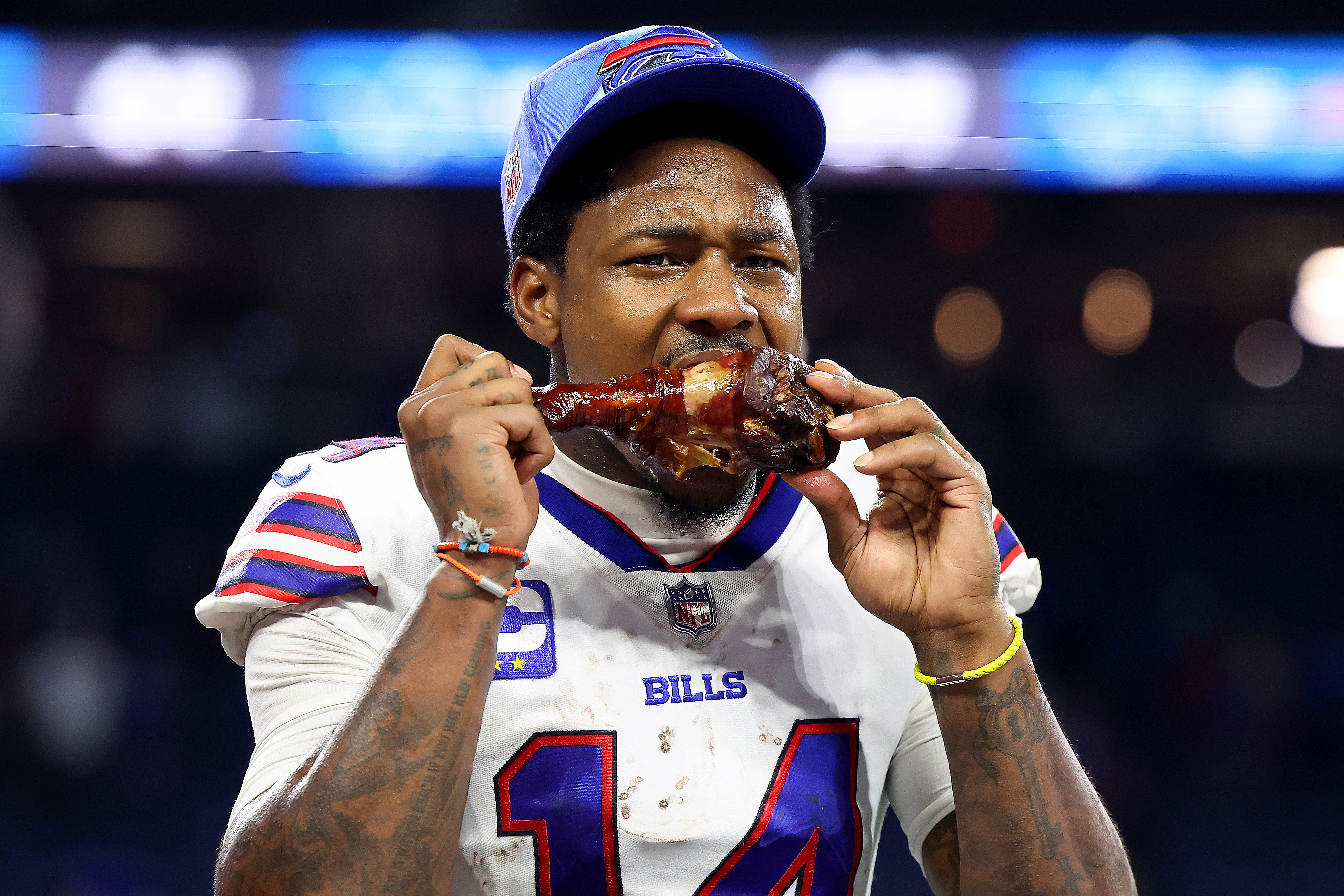 Stefon Diggs #14 of the Buffalo Bills celebrates on the field after defeating the Detroit Lions at Ford Field on November 24, 2022 in Detroit, Michigan.