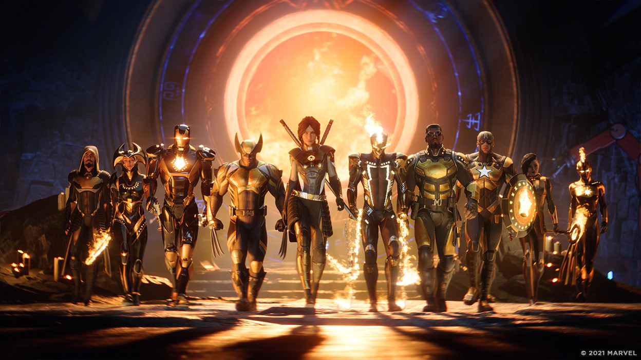 12 of Marvel��s Midnight Suns heroes walking in their matching black and yellow/gold uniforms in front of the forge.