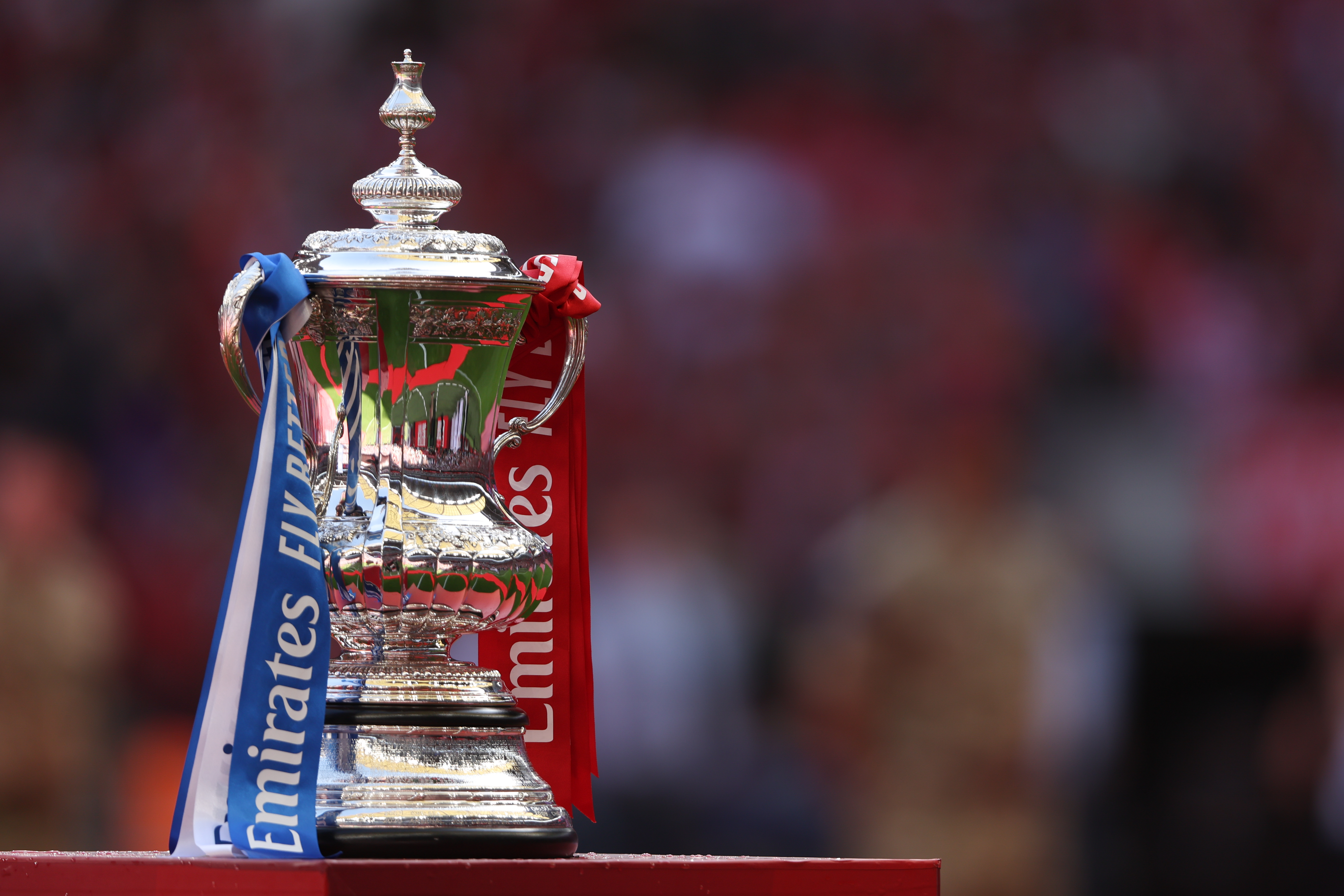The official Emirates FA Cup Trophy during The FA Cup Final match between Chelsea and Liverpool at Wembley Stadium on May 14, 2022 in London, England.