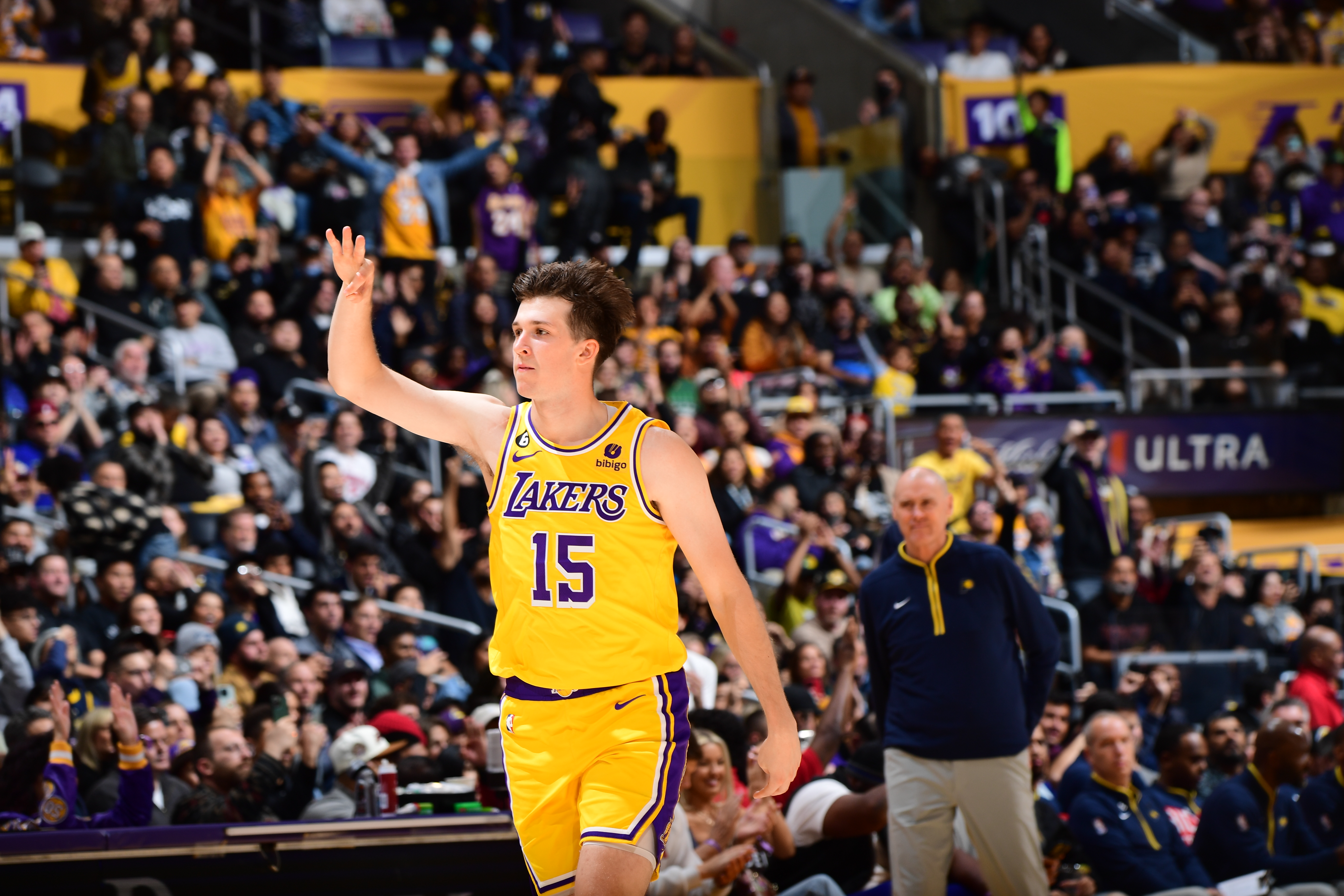 Austin Reaves celebrates a three point basket during the game against the Indiana Pacers on November 28, 2022 at Crypto.Com Arena in Los Angeles, California.