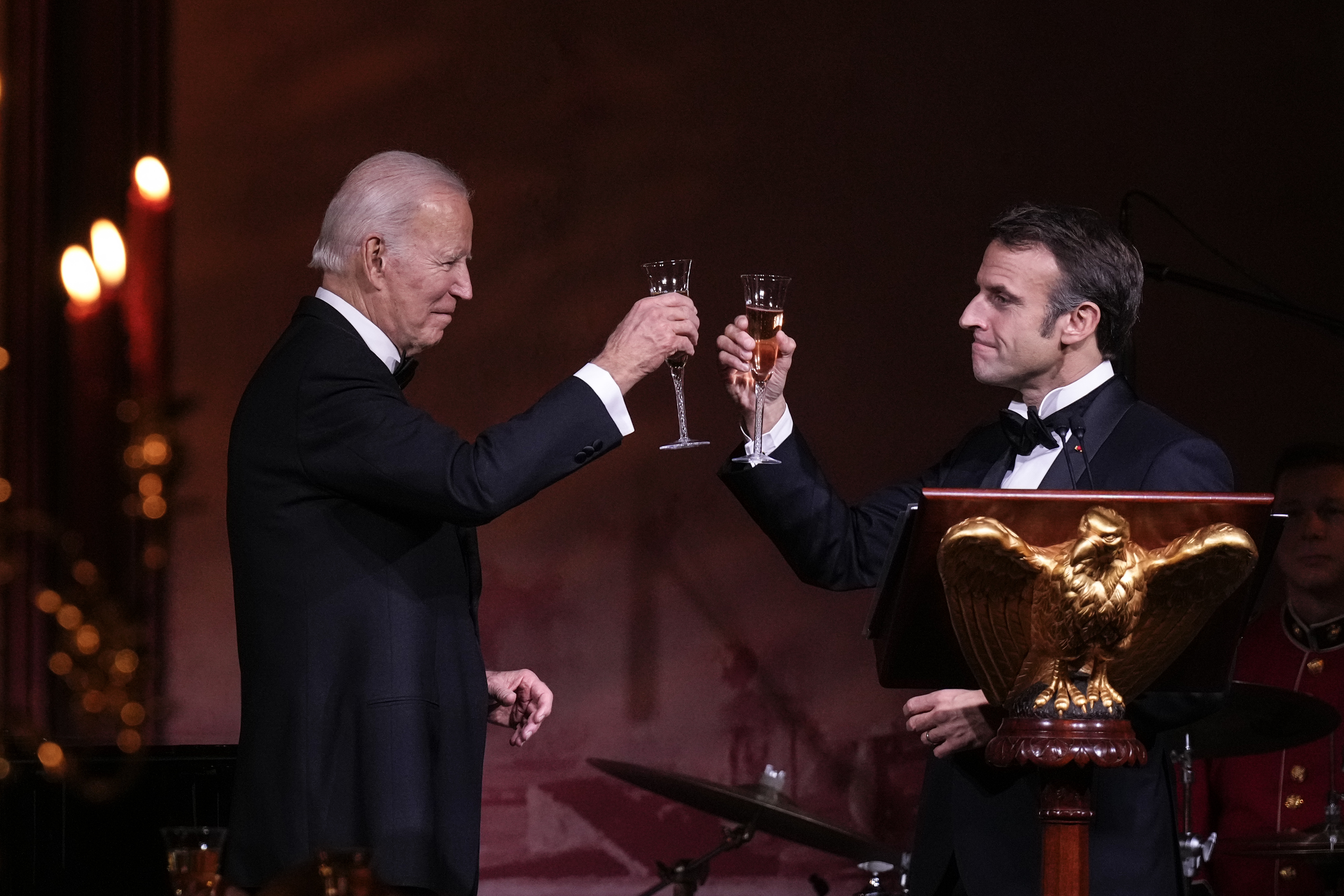 President Joe Biden toasts French President Emmanuel Macron at the White House