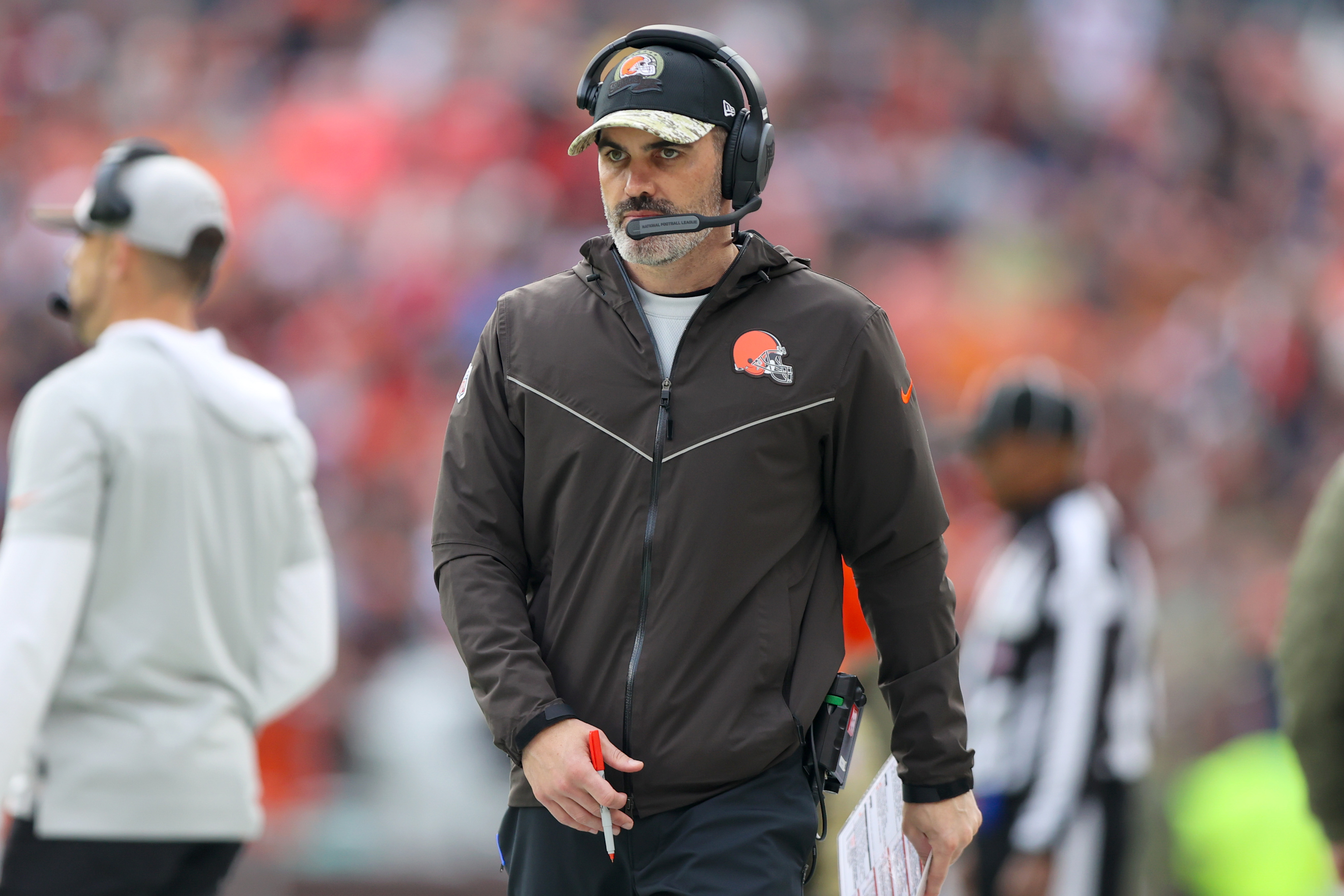 Cleveland Browns head coach Kevin Stefanski on the sideline during the third quarter of the National Football League game between the Tampa Bay Buccaneers and Cleveland Browns on November 27, 2022, at FirstEnergy Stadium in Cleveland, OH.