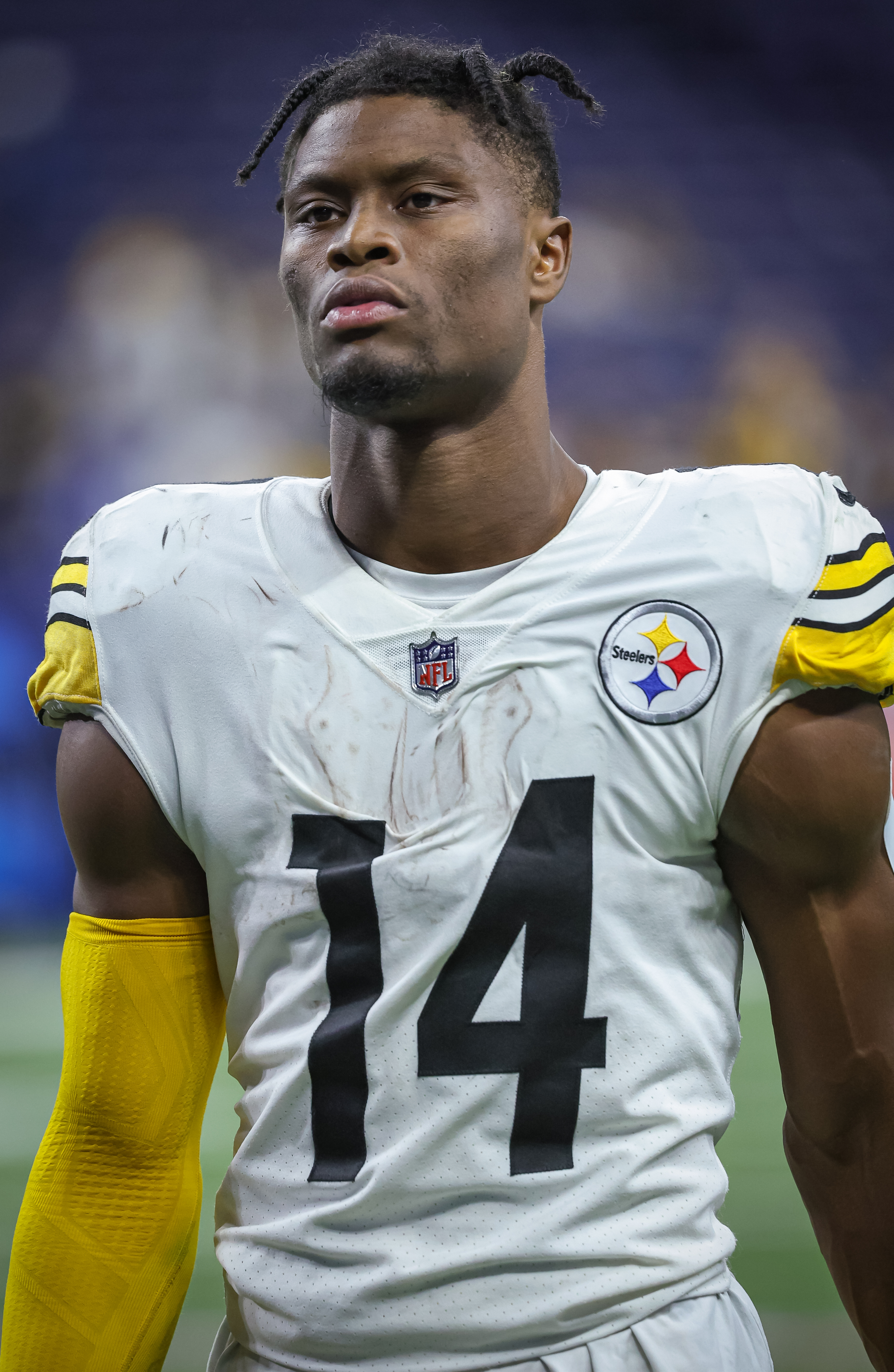 George Pickens #14 of the Pittsburgh Steelers is seen after the game against the Indianapolis Colts at Lucas Oil Stadium on November 28, 2022 in Indianapolis, Indiana.