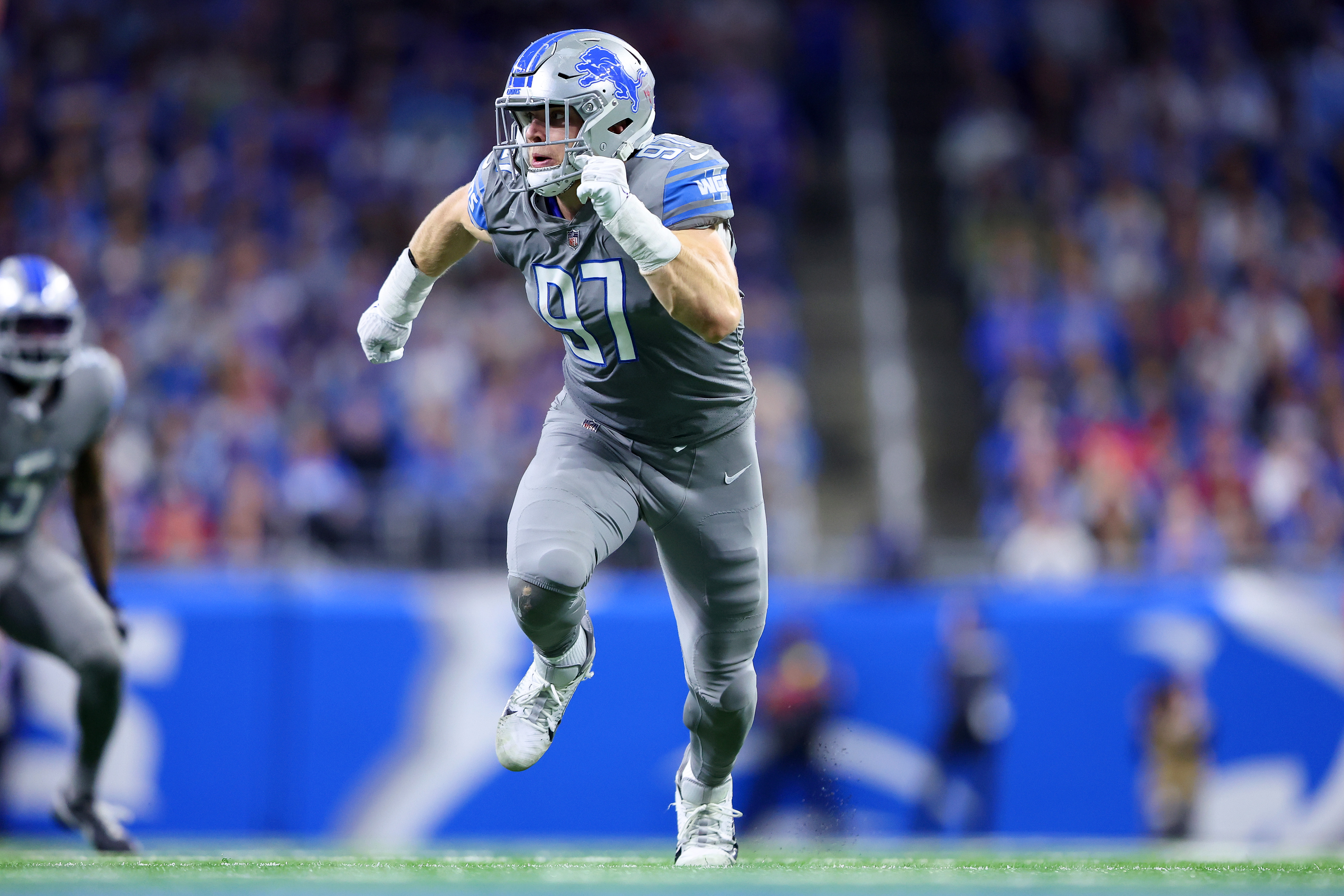Aidan Hutchinson #97 of the Detroit Lions in action against the Buffalo Bills during the second half at Ford Field on November 24, 2022 in Detroit, Michigan.