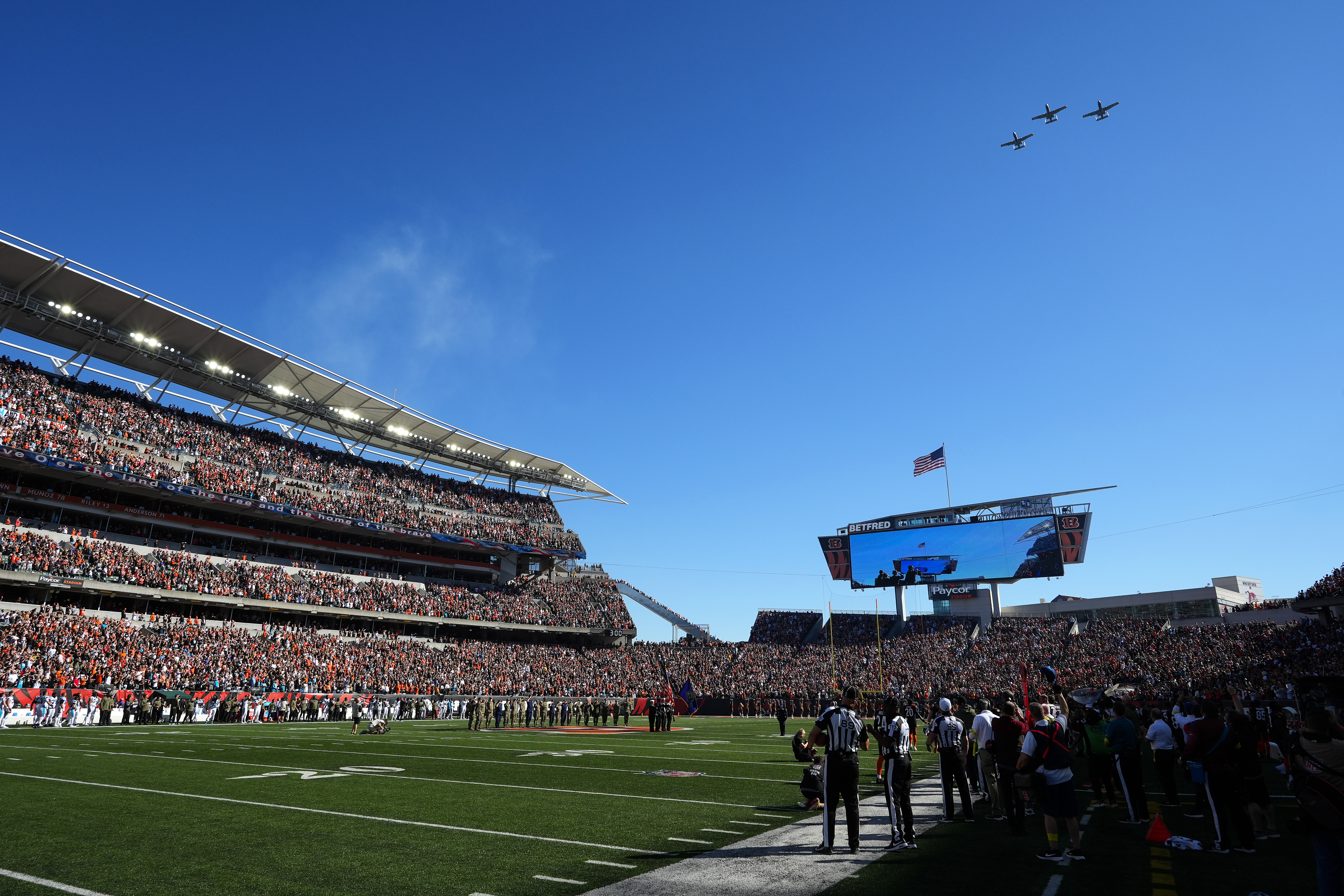 General view of the fly over during the national anthem prior to the game between the Carolina Panthers and the Cincinnati Bengals at Paycor Stadium on November 06, 2022 in Cincinnati, Ohio.