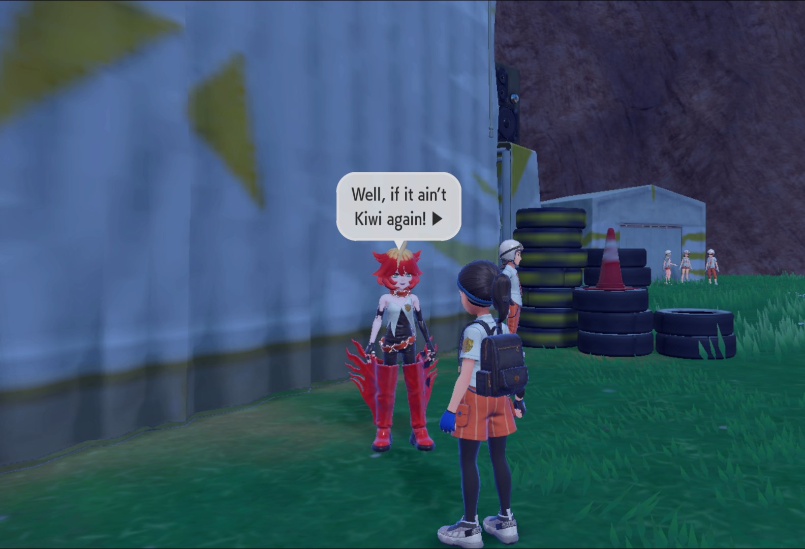 Mela greets a Pokémon trainer at her base