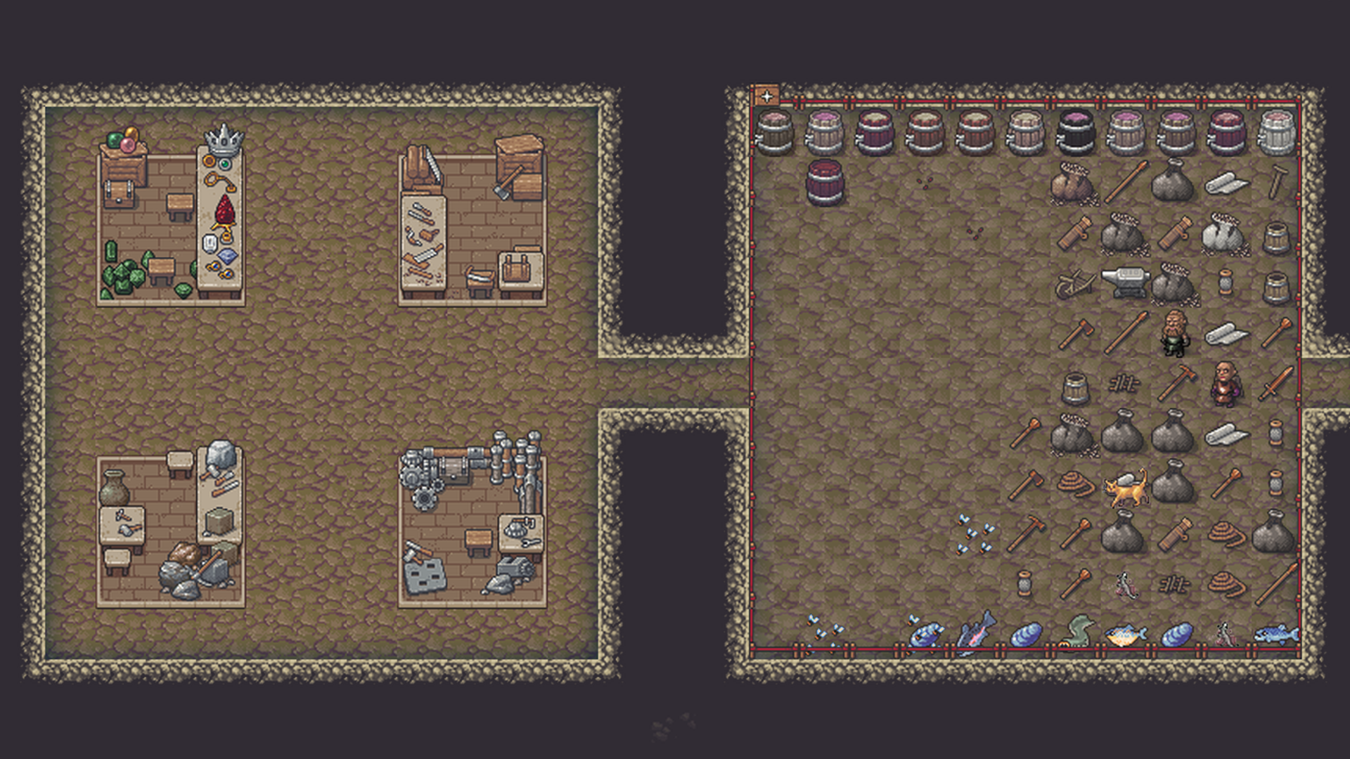 Dwarf Fortress screenshot showing two rooms, one with a stockpile and the other with four workshops.