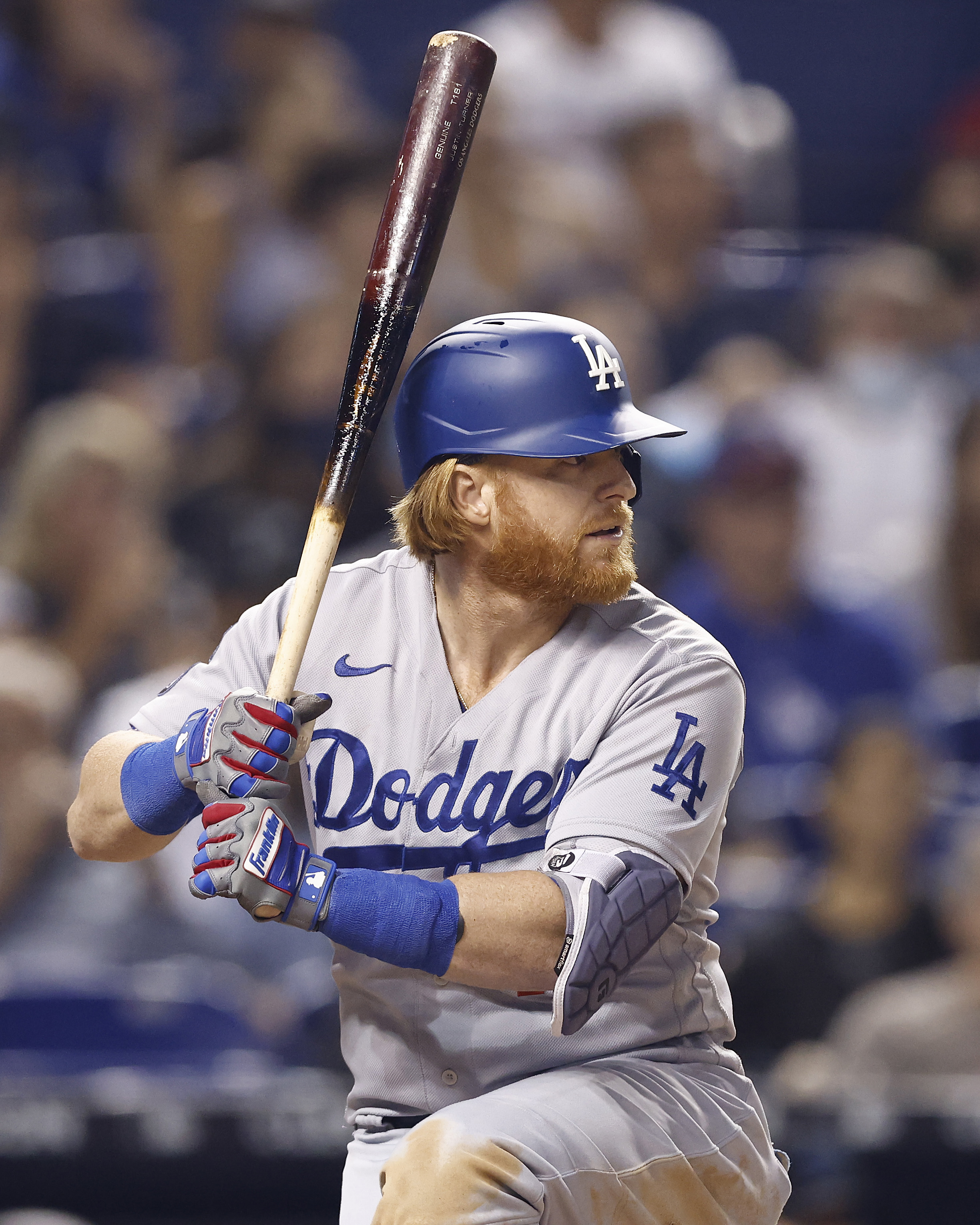 Justin Turner #10 of the Los Angeles Dodgers at bat against the Miami Marlins at loanDepot park on July 05, 2021 in Miami, Florida.